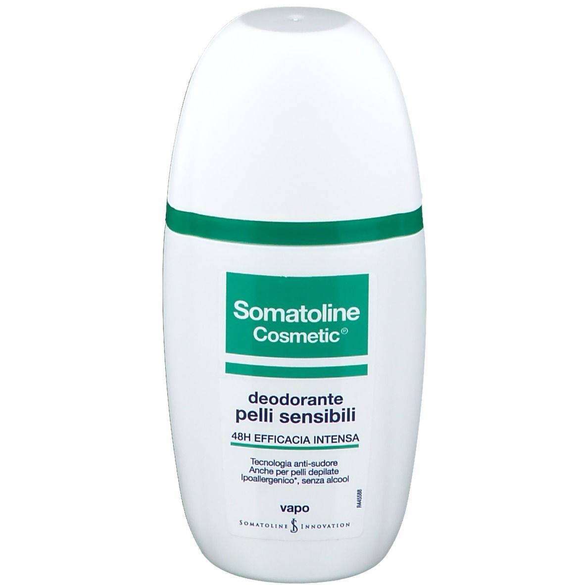 Roll-on déodorant blanc avec bande verte. Inscription: Somatoline Cosmetic, déodorant peaux sensibles, efficacité 48h.