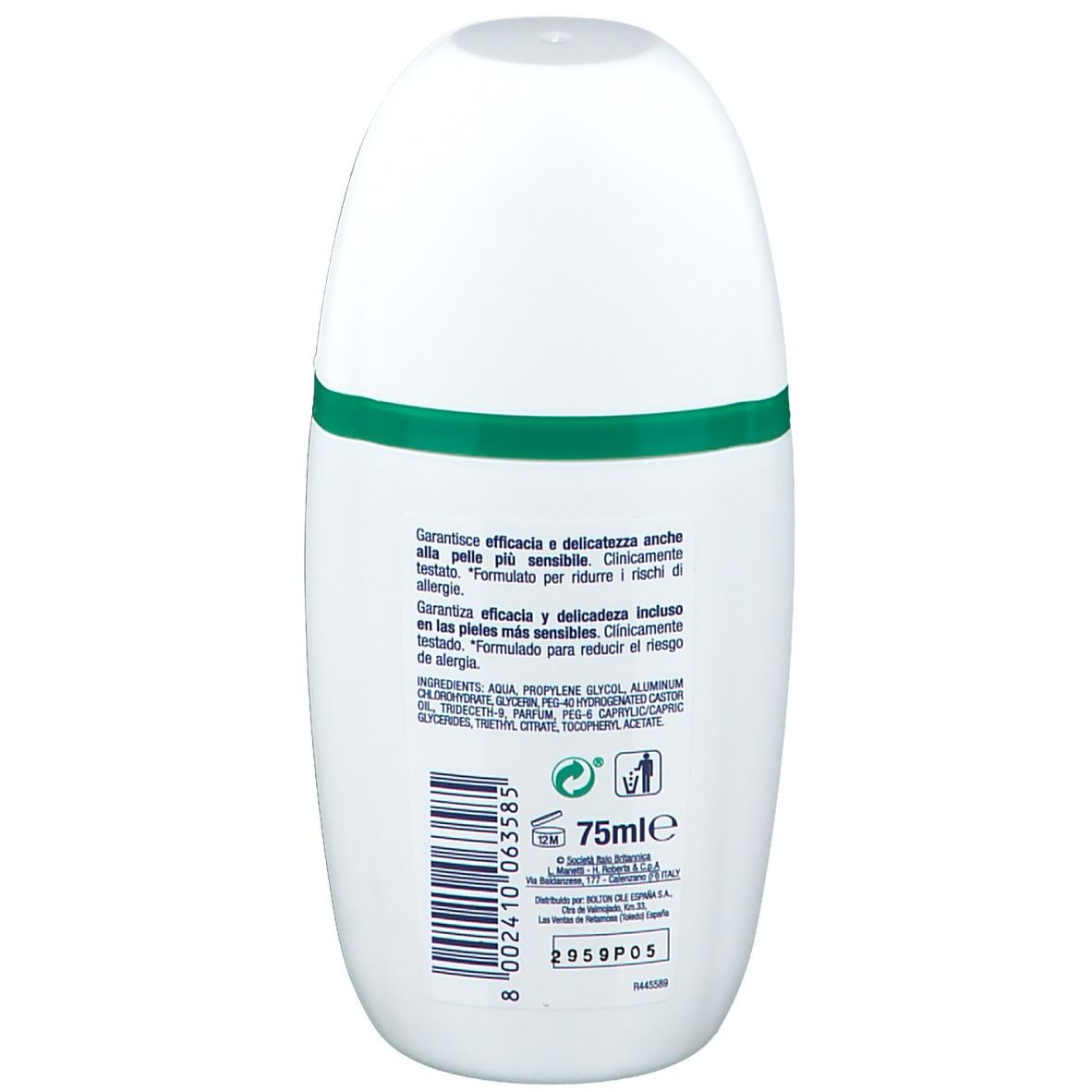 Dos d'un roll-on déodorant blanc. Texte: ingrédients, 75ml, symbole de recyclage, code-barres.