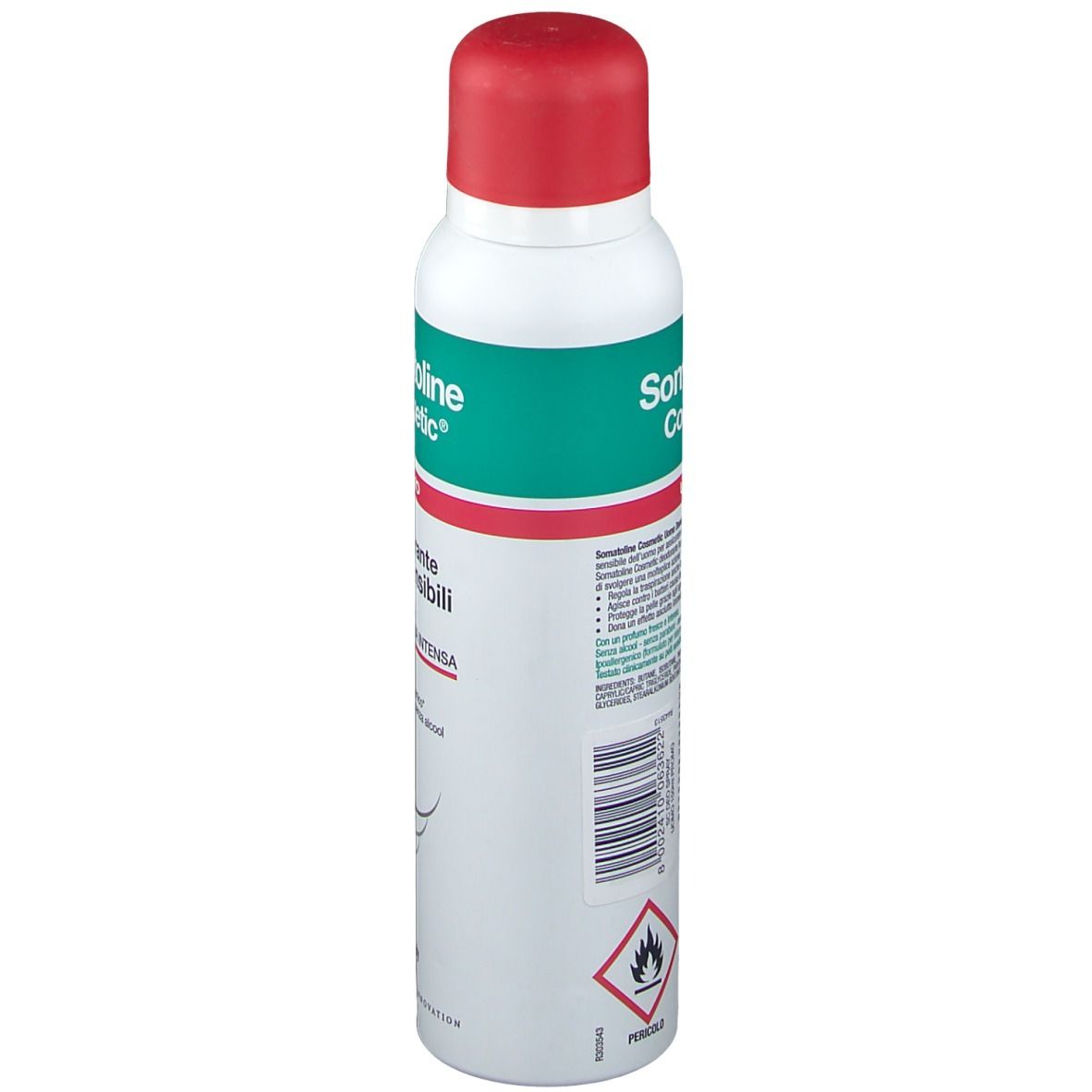 Déodorant, vue latérale. Récipient blanc avec bouchon rouge. Inscription verte et rouge. Avertissements et code-barres.