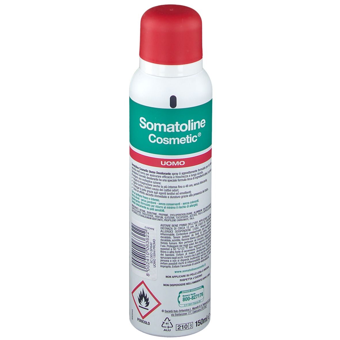 Déodorant, vue arrière. Récipient blanc avec bouchon rouge. Inscription verte et rouge. Informations textuelles et avertissements.