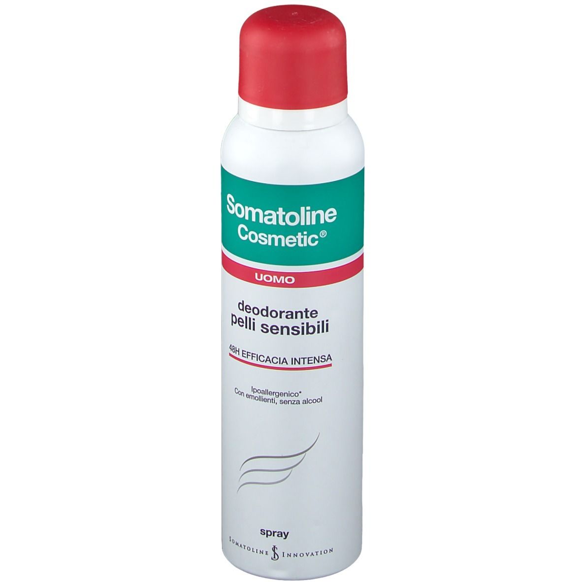 Déodorant pour peaux sensibles. Récipient blanc avec bouchon rouge. Inscription verte et rouge. Marque Somatoline Cosmetic.