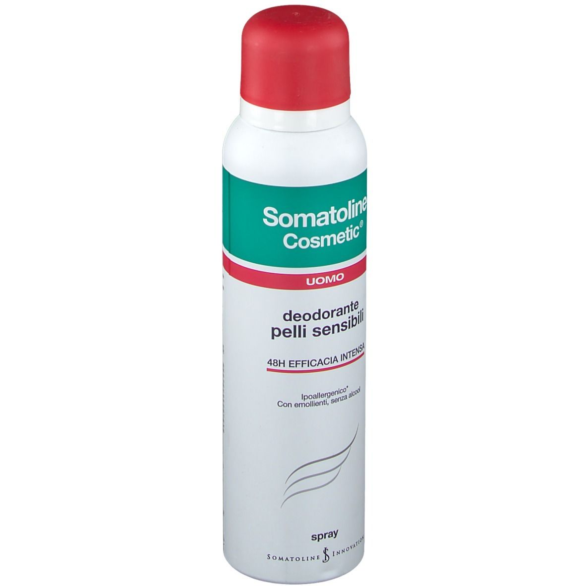 Déodorant pour peaux sensibles. Récipient blanc avec bouchon rouge. Inscription verte et rouge. Marque Somatoline Cosmetic.