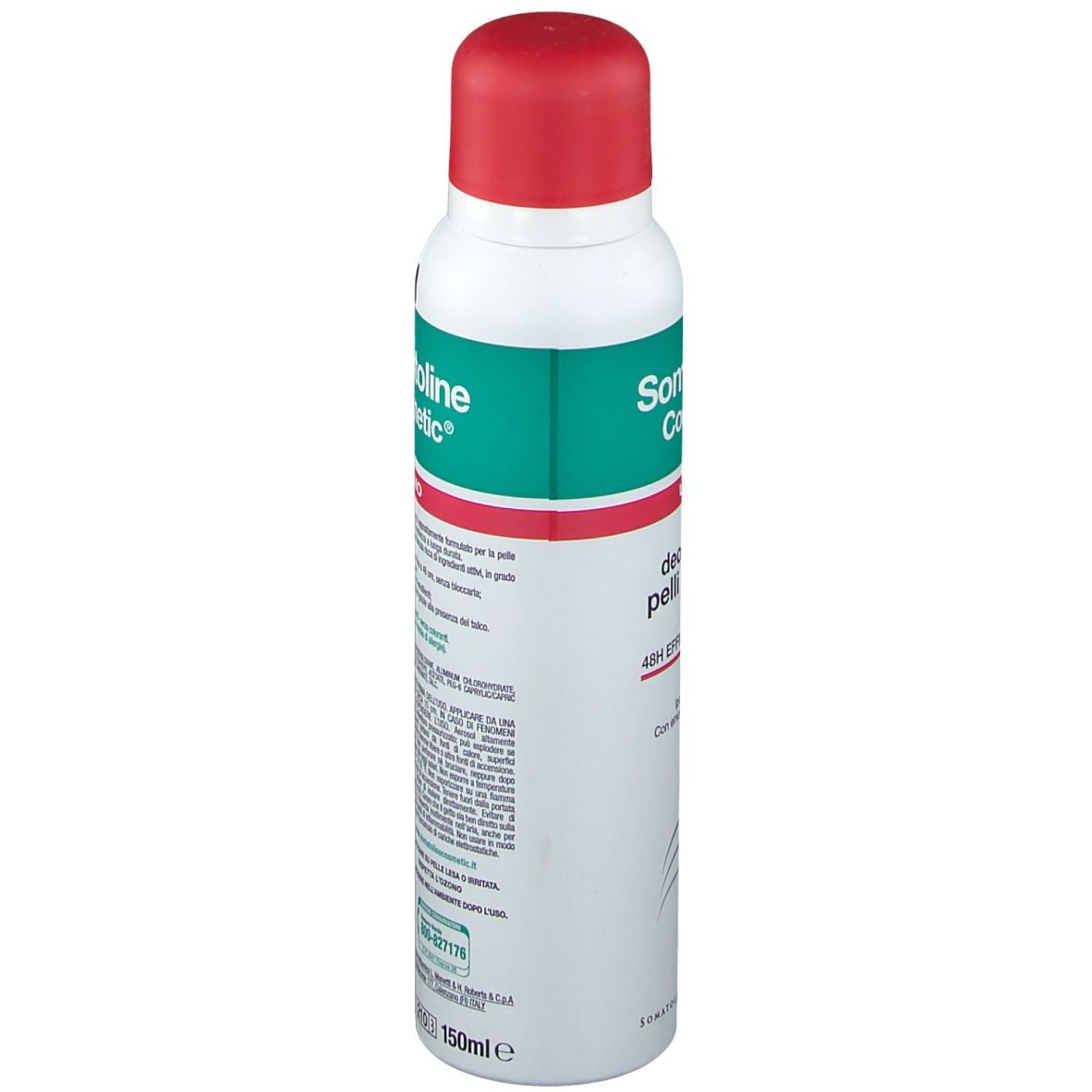 Déodorant, vue latérale. Récipient blanc avec bouchon rouge. Inscription verte et rouge. Avertissements et code-barres.