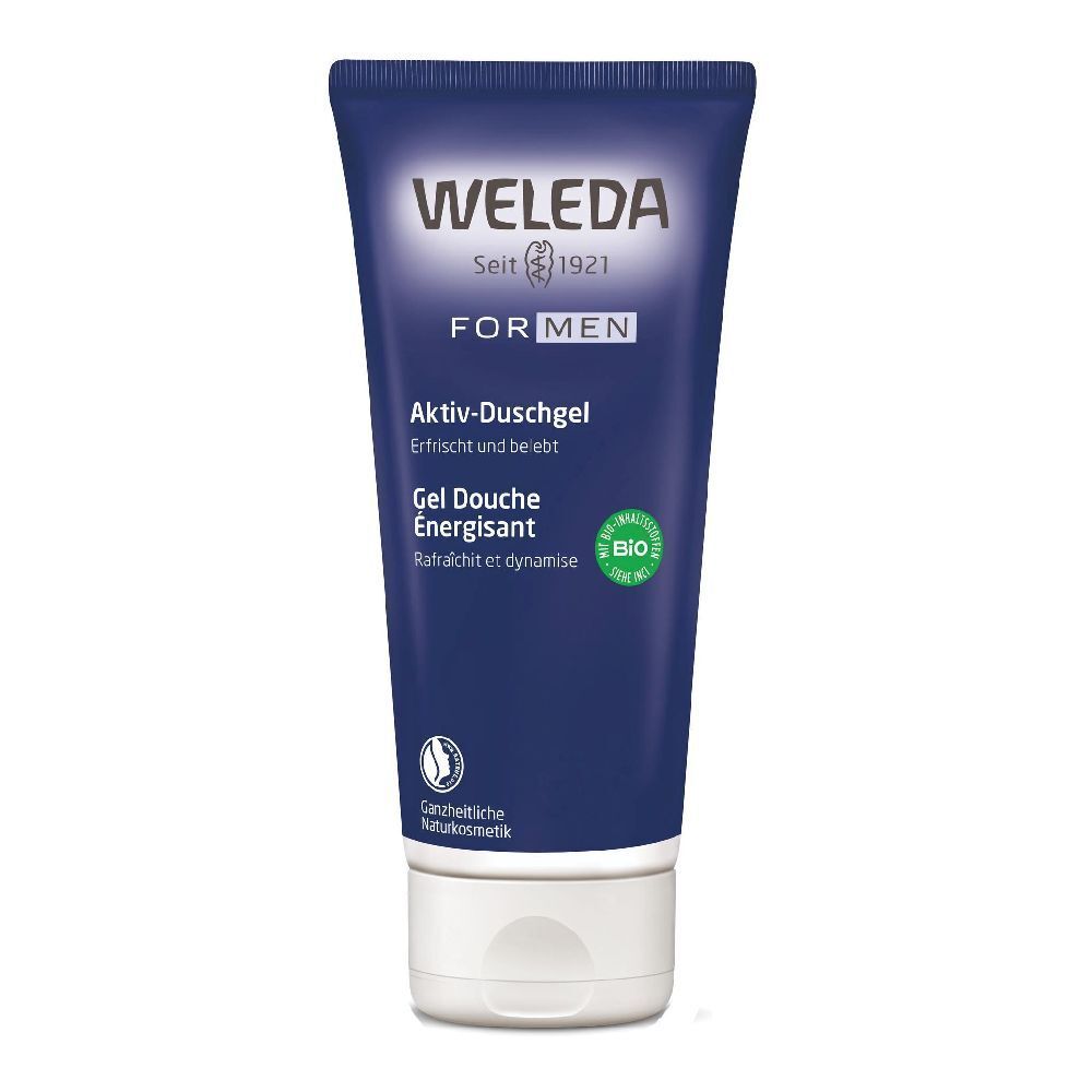 Tube bleue et blanche. Logo "WELEDA FOR MEN". Inscription "Aktiv-Duschgel". Label bio. Certification cosmétique naturelle.