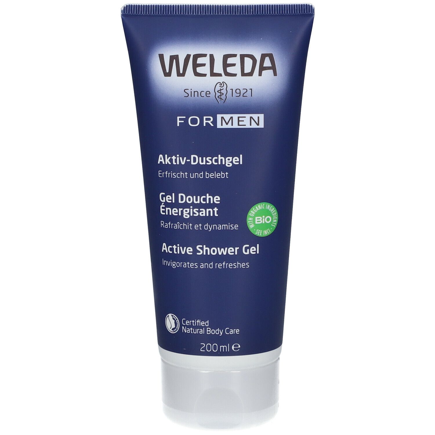 Tube bleu et blanc. Logo "WELEDA FOR MEN". Inscription "Aktiv-Duschgel". Label bio. 200 ml.