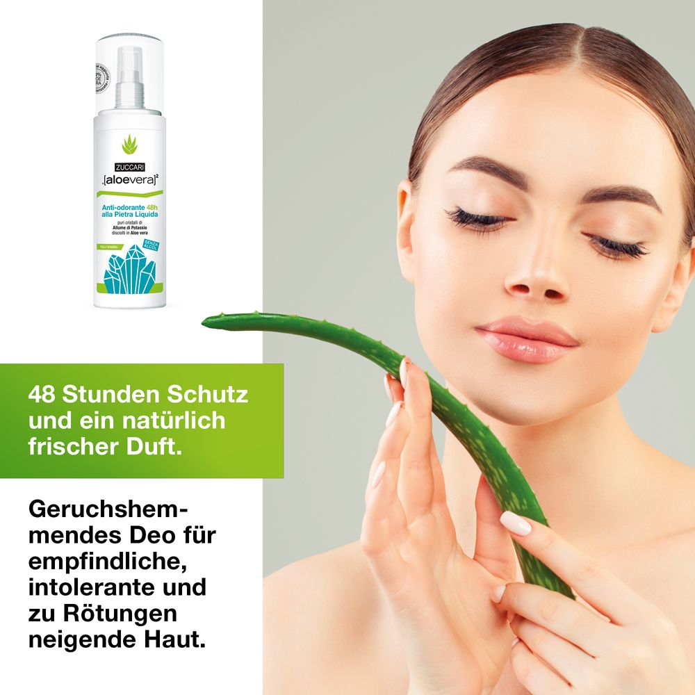 Werbebild mit ZUCCARI [aloevera]2 Deo und Anwendungsbeispielen. Personen zeigen Achseln.