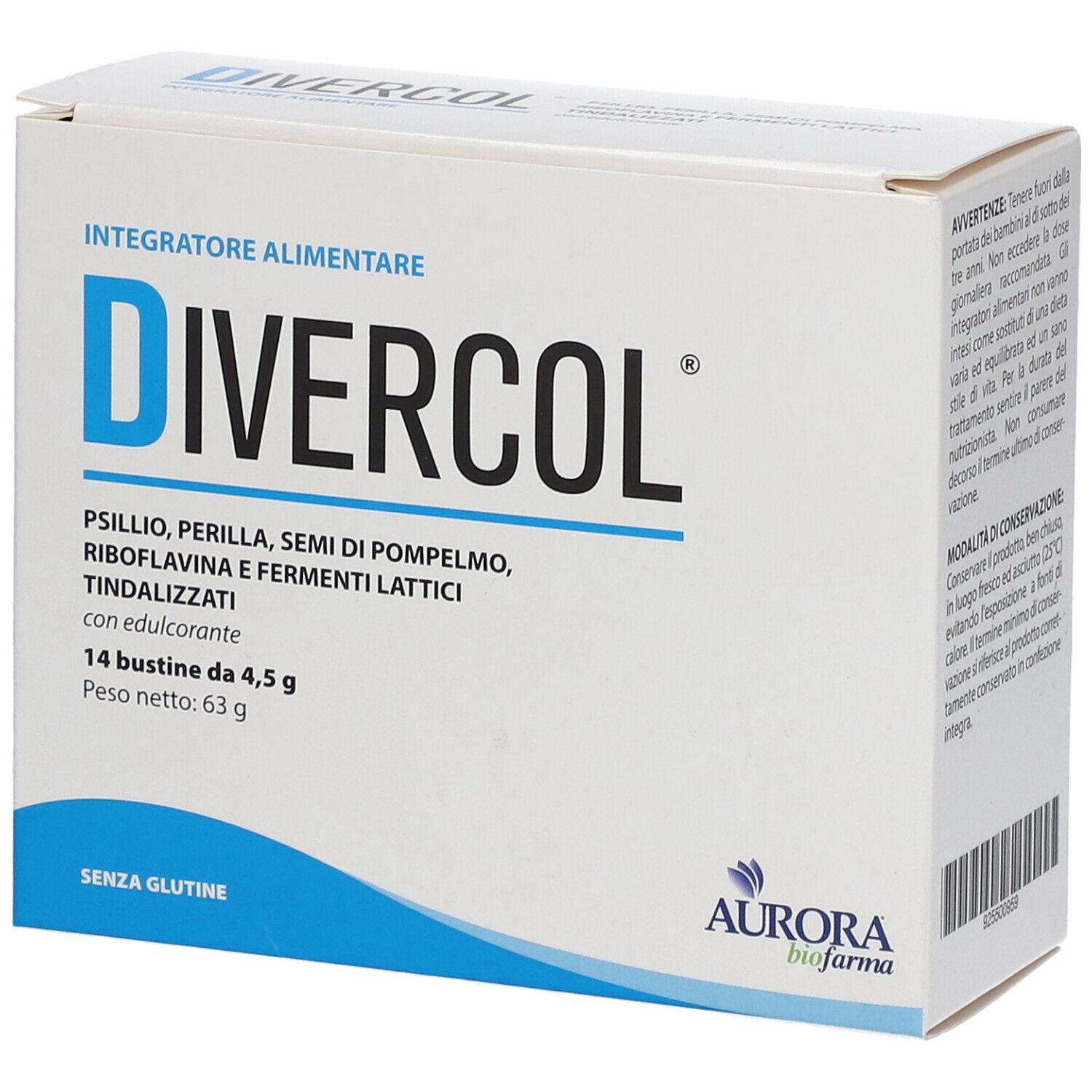 Weiße Schachtel mit blauem "DIVERCOL"-Logo. Enthält 14 Beutel. Aurora Biofarma-Logo unten rechts. Text: "SENZA GLUTINE".