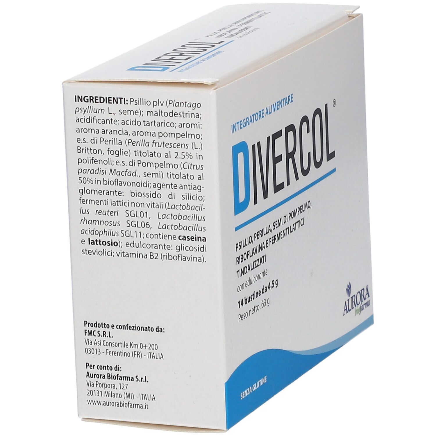 Weiße Schachtel, schräg von hinten. Zeigt Zutatenliste und Aurora Biofarma-Logo. Text: "DIVERCOL".