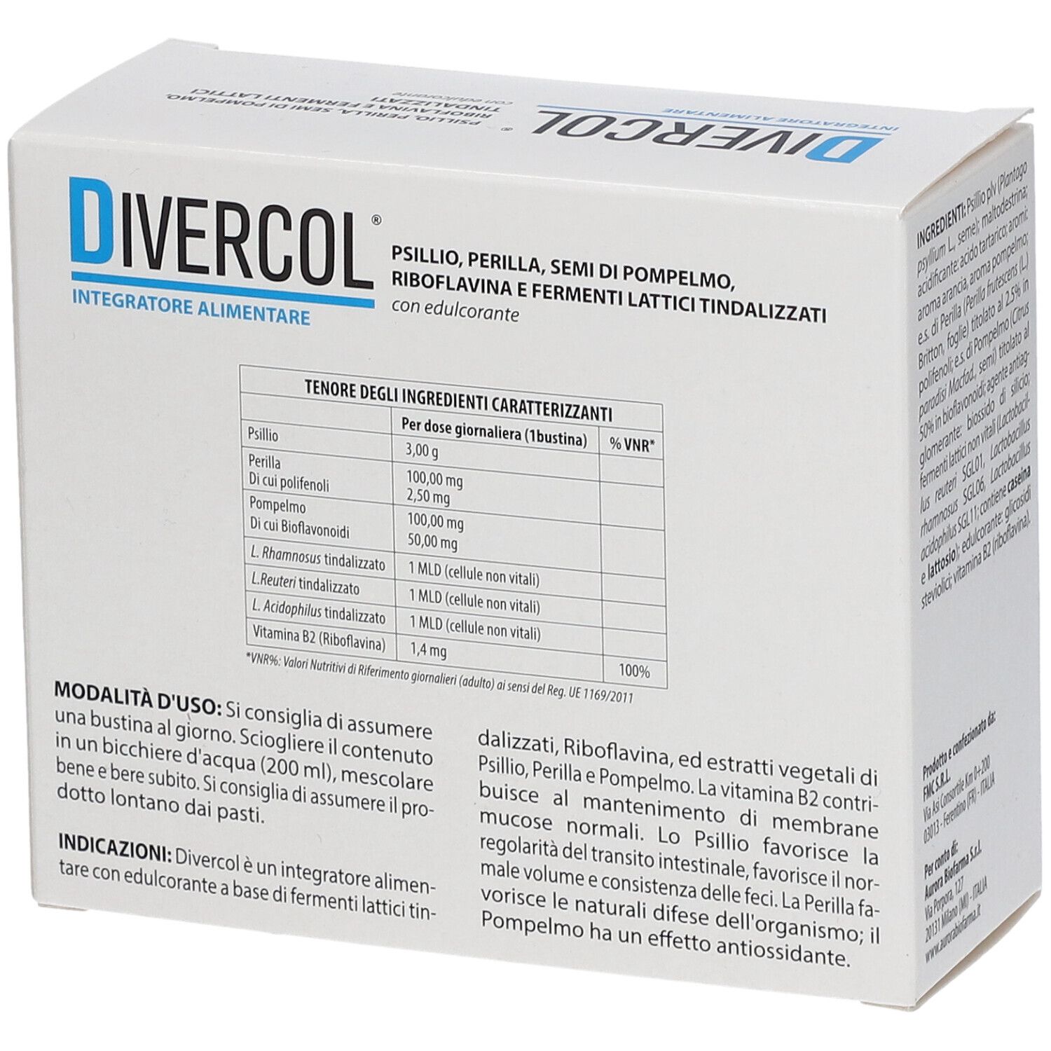 Weiße Schachtel, schräg von hinten. Zeigt Nährwerttabelle und Text. Text: "DIVERCOL".