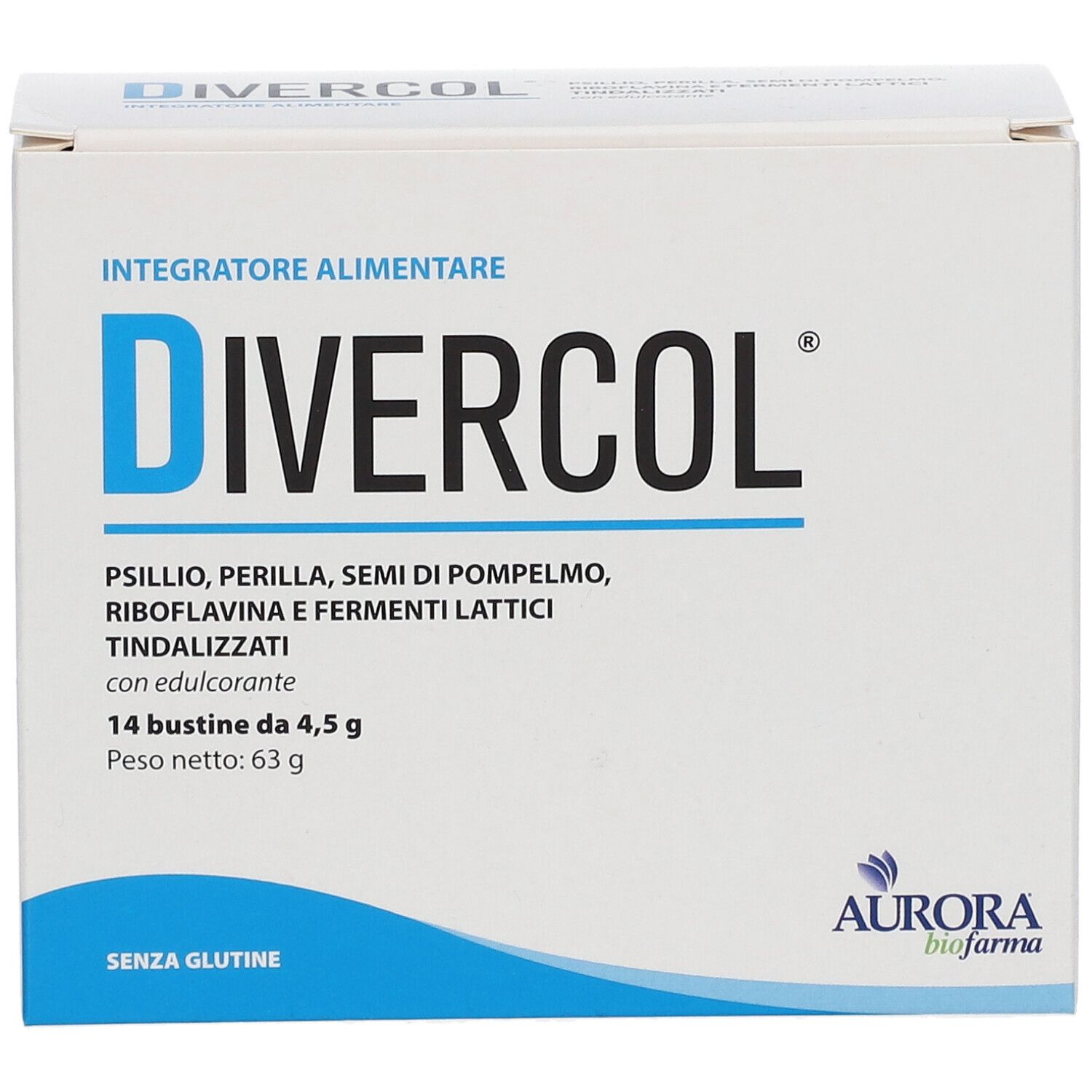 Weiße Schachtel mit blauem "DIVERCOL"-Logo. Enthält 14 Beutel. Aurora Biofarma-Logo unten rechts. Text: "SENZA GLUTINE".