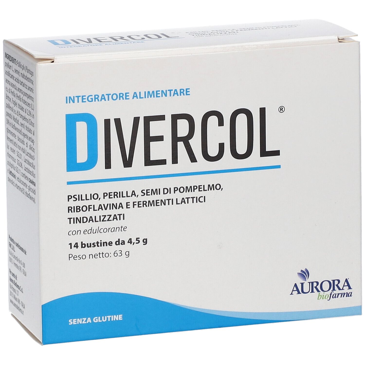 Weiße Schachtel mit blauem "DIVERCOL"-Logo. Enthält 14 Beutel. Aurora Biofarma-Logo unten rechts. Text: "SENZA GLUTINE".