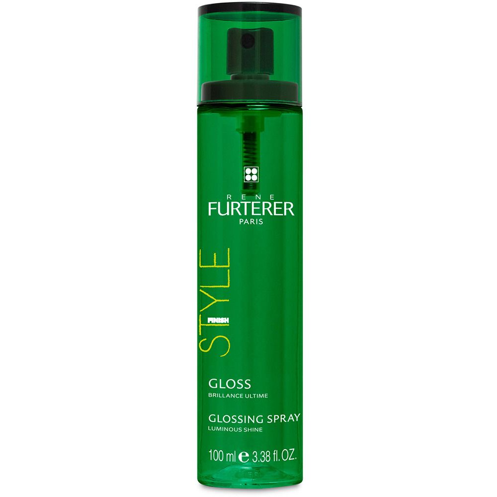 Grüne Sprühflasche mit schwarzem Sprühkopf. Aufschrift: RENE FURTERER, STYLE, GLOSS, GLOSSING SPRAY. 100 ml.