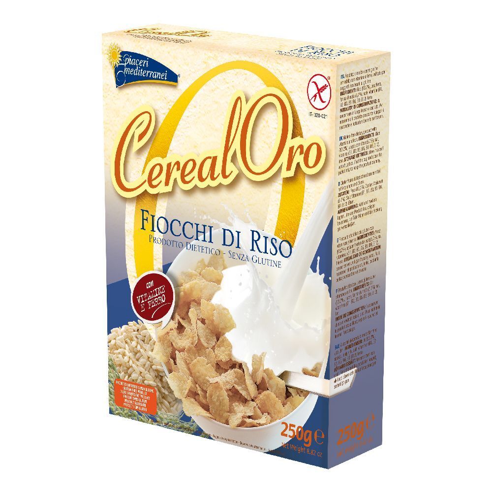 Boîte de Piaceri Mediterranei® Cereal Oro Fiocchi di Riso. Inscription: Cereal Oro, Fiocchi di Riso, sans gluten. 250g.