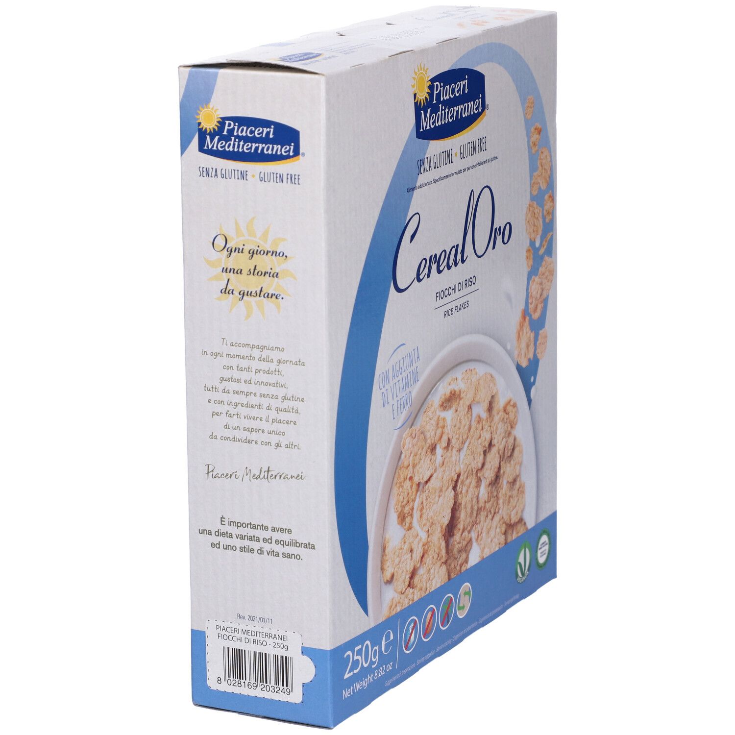 Boîte de Piaceri Mediterranei® Cereal Oro Fiocchi di Riso. Inscription: Cereal Oro, Fiocchi di Riso, sans gluten. Vue latérale.