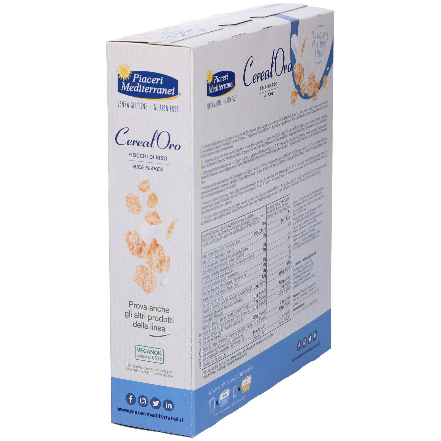 Dos de la boîte de Piaceri Mediterranei® Cereal Oro Fiocchi di Riso. Contient des informations nutritionnelles. Vue latérale.