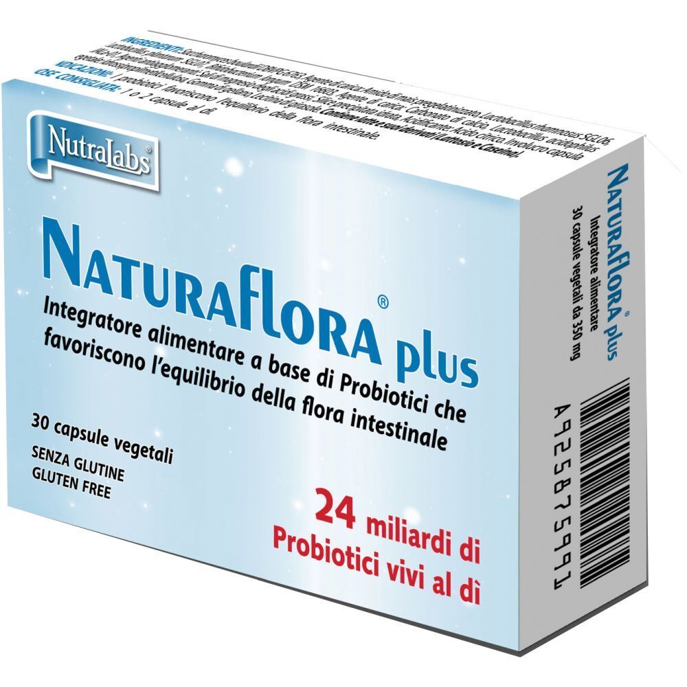 Karton mit Naturaflora plus. 30 vegetarische Kapseln. Enthält 24 Milliarden lebende Probiotika. Glutenfrei.