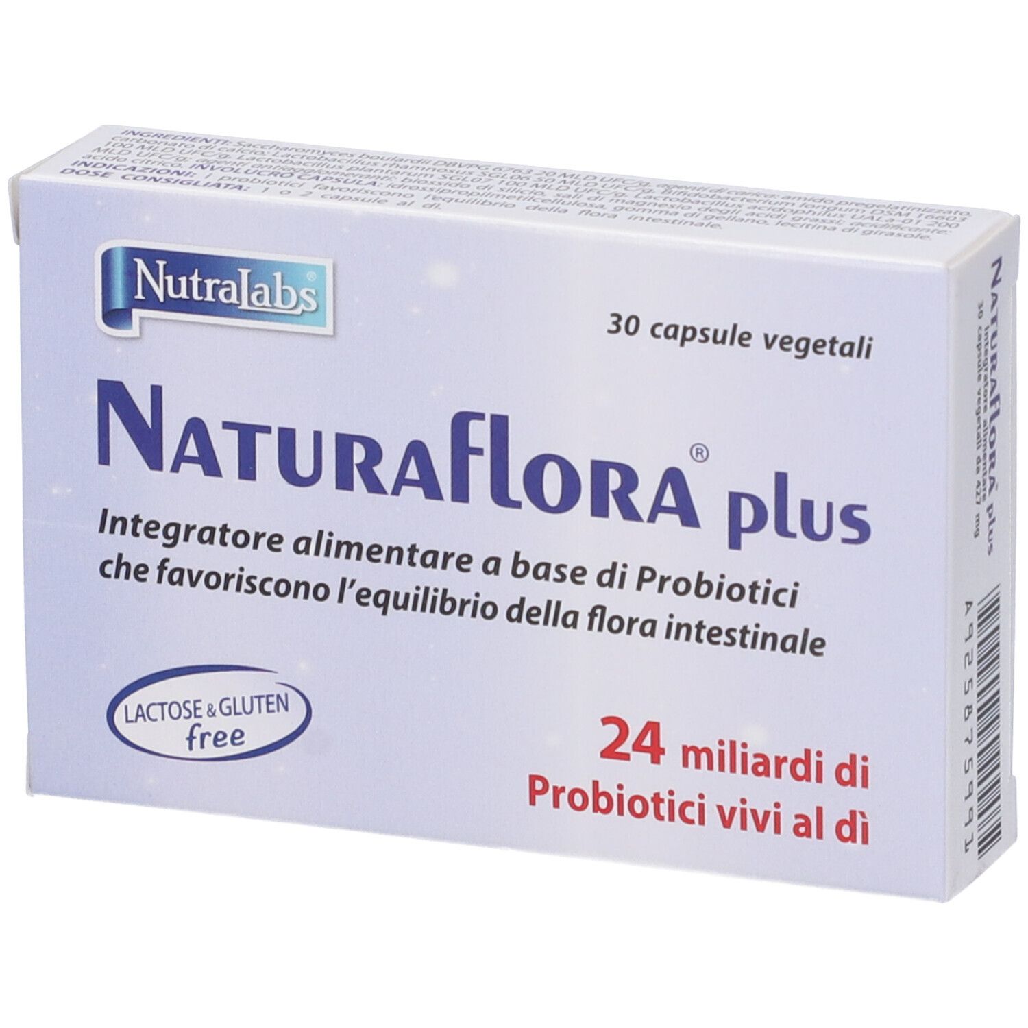 Karton mit Naturaflora plus. 30 vegetarische Kapseln. Enthält 24 Milliarden lebende Probiotika. Laktose- und glutenfrei.
