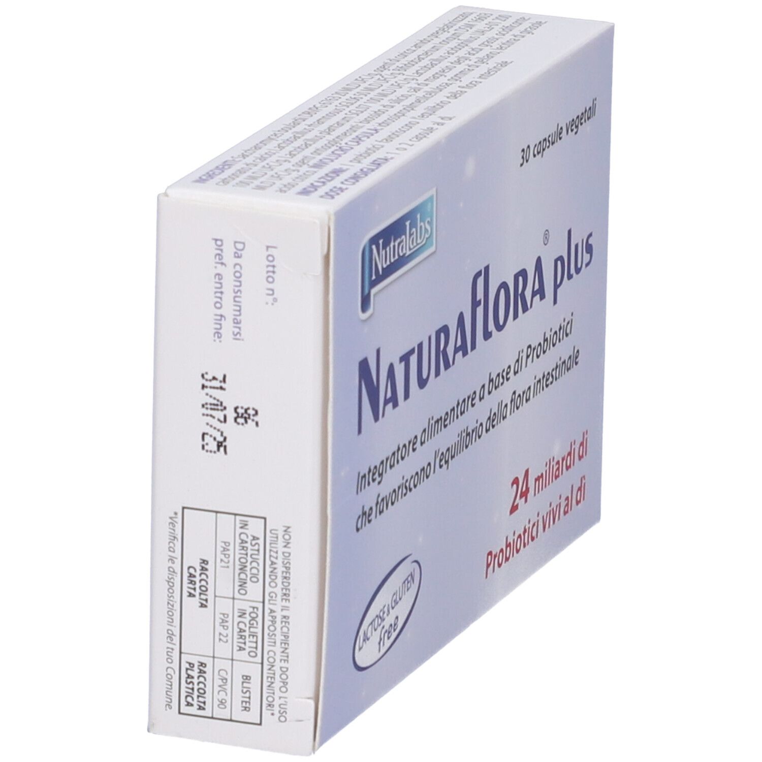 Karton von Naturaflora plus. 30 vegetarische Kapseln. Enthält 24 Milliarden lebende Probiotika. Laktose- und glutenfrei.