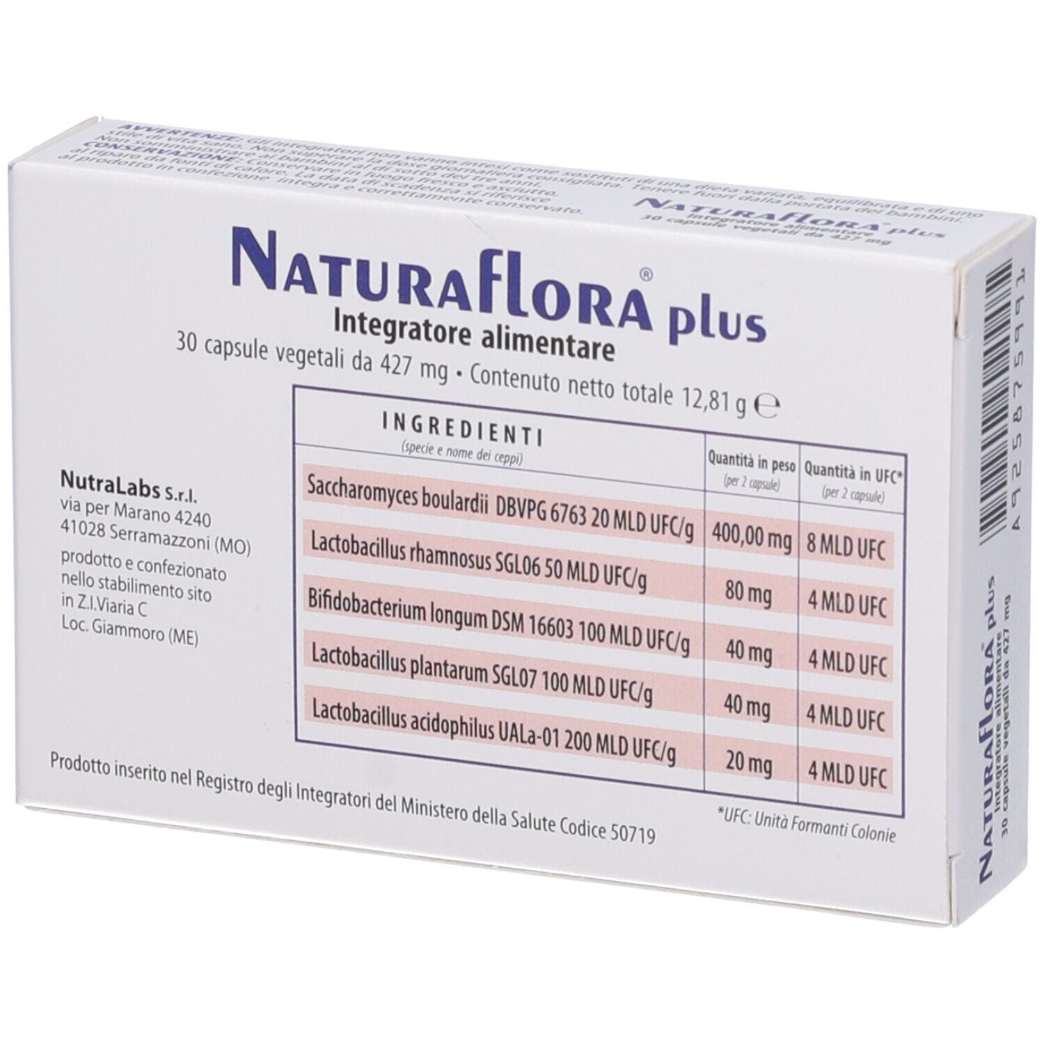 Rückseite der Naturaflora plus-Verpackung. 30 vegetarische Kapseln. Inhaltsstoffe und Nährwertangaben.