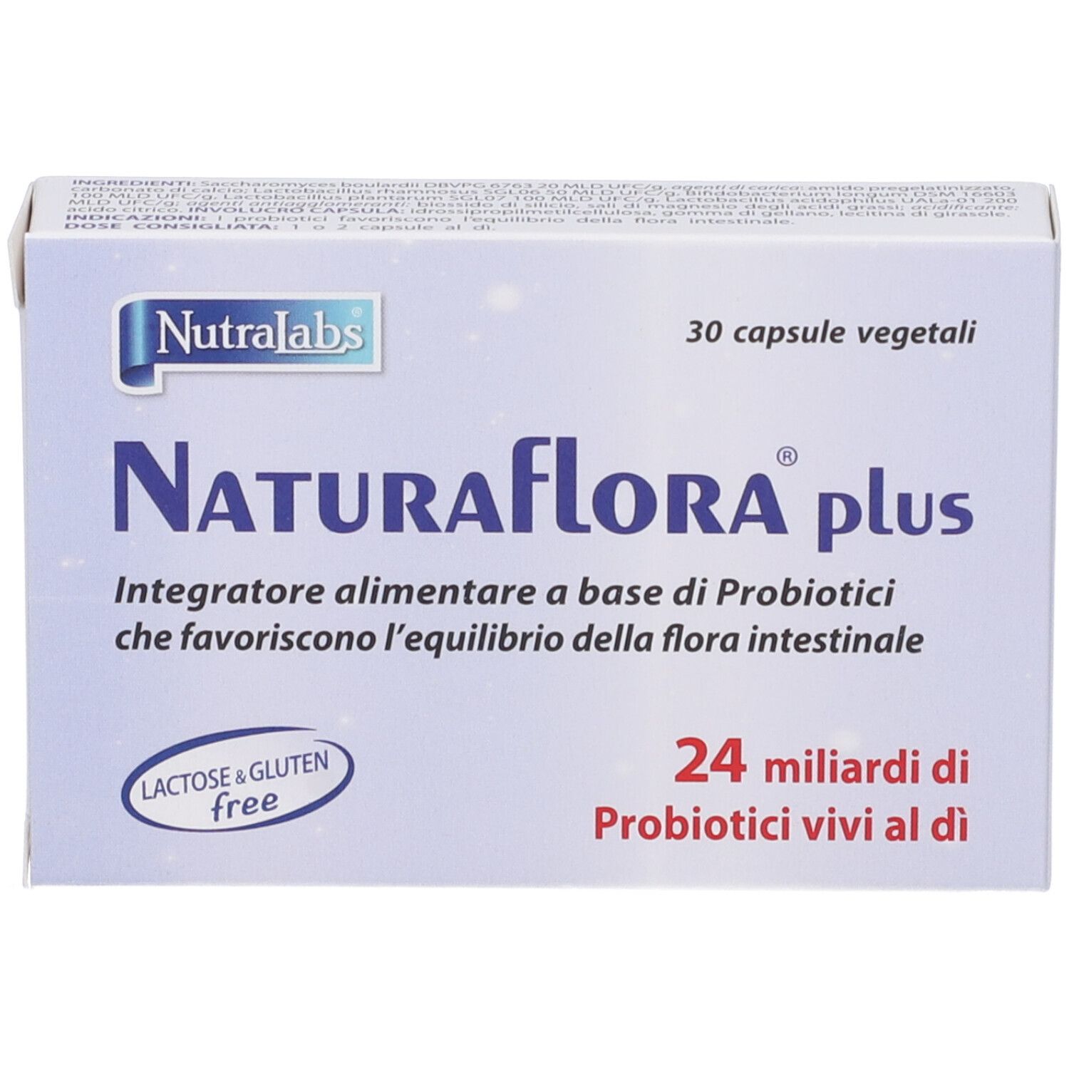 Karton mit Naturaflora plus. 30 vegetarische Kapseln. Enthält 24 Milliarden lebende Probiotika. Laktose- und glutenfrei.