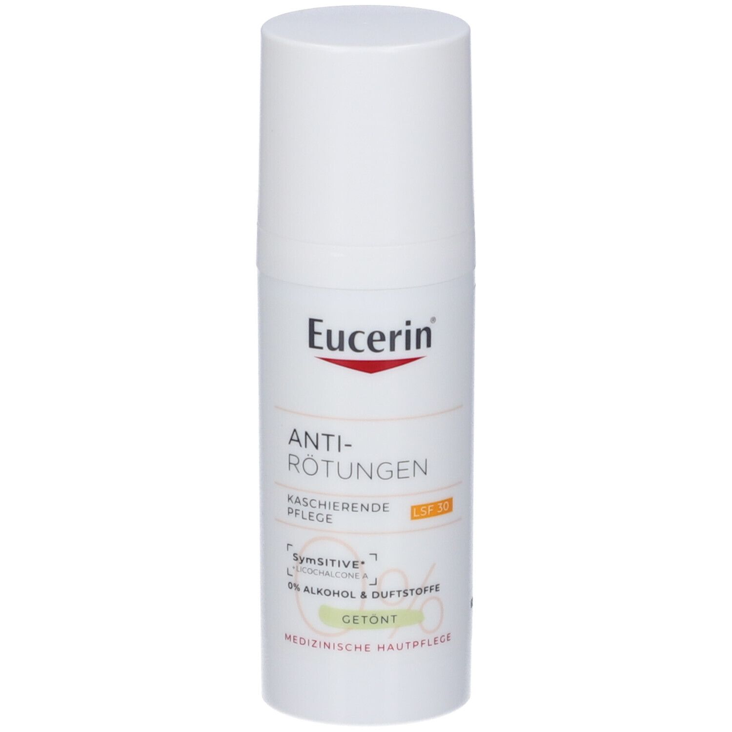 Eucerin Anti-Rötungen kaschierende Tagespflege mit LSF 30. Weiße Flasche mit Pumpspender.