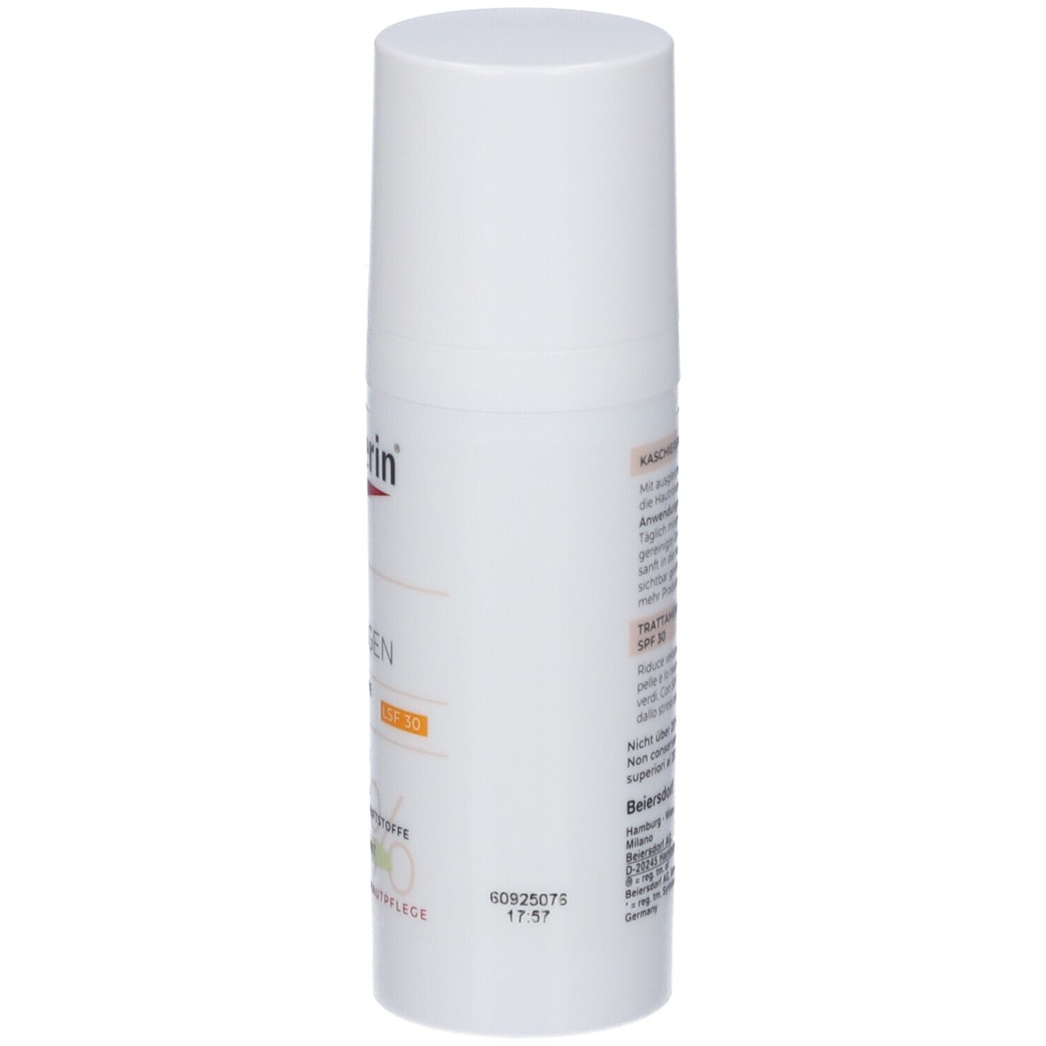 Seitenansicht der Eucerin Anti-Rötungen kaschierenden Tagespflege. Pumpspender-Flasche.