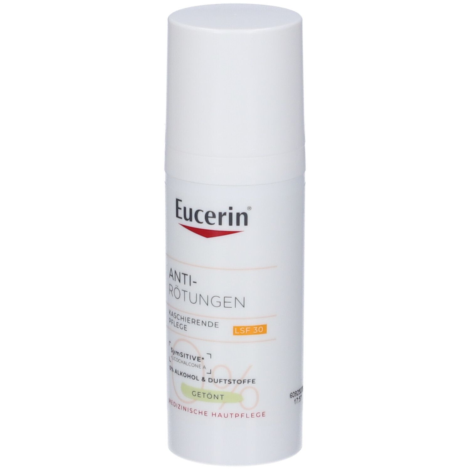 Eucerin Anti-Rötungen kaschierende Tagespflege mit LSF 30. Weiße Flasche mit Pumpspender, leicht getönt.