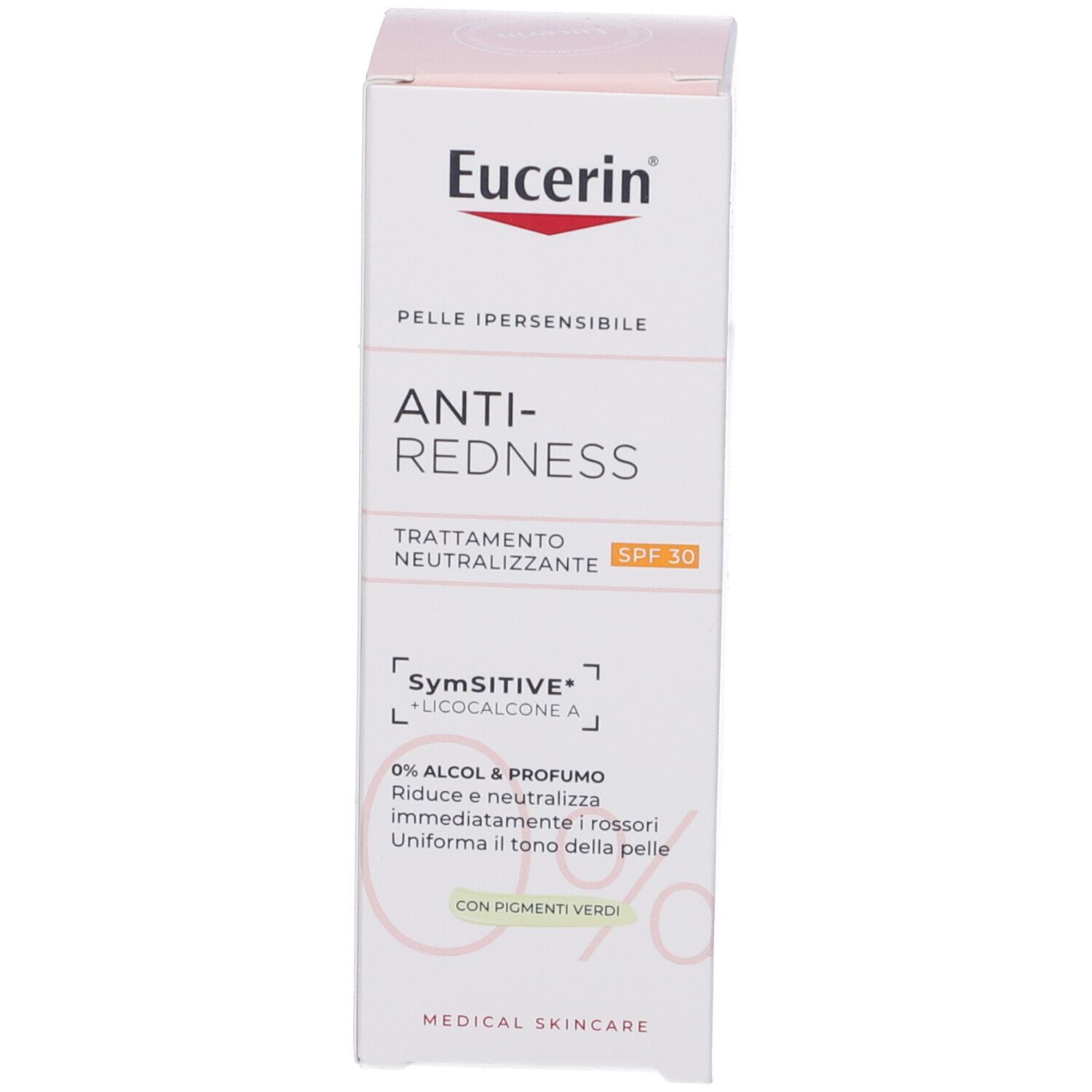 Eucerin Anti-Rötungen kaschierende Tagespflege. Umverpackung mit Produktflasche. LSF 30.
