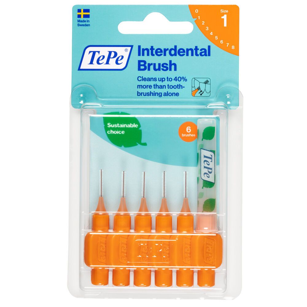 Verpackung mit 6 orangefarbenen Interdentalbürsten. Marke TePe. Kunststoffverpackung mit Produktinformationen und Größenangabe.