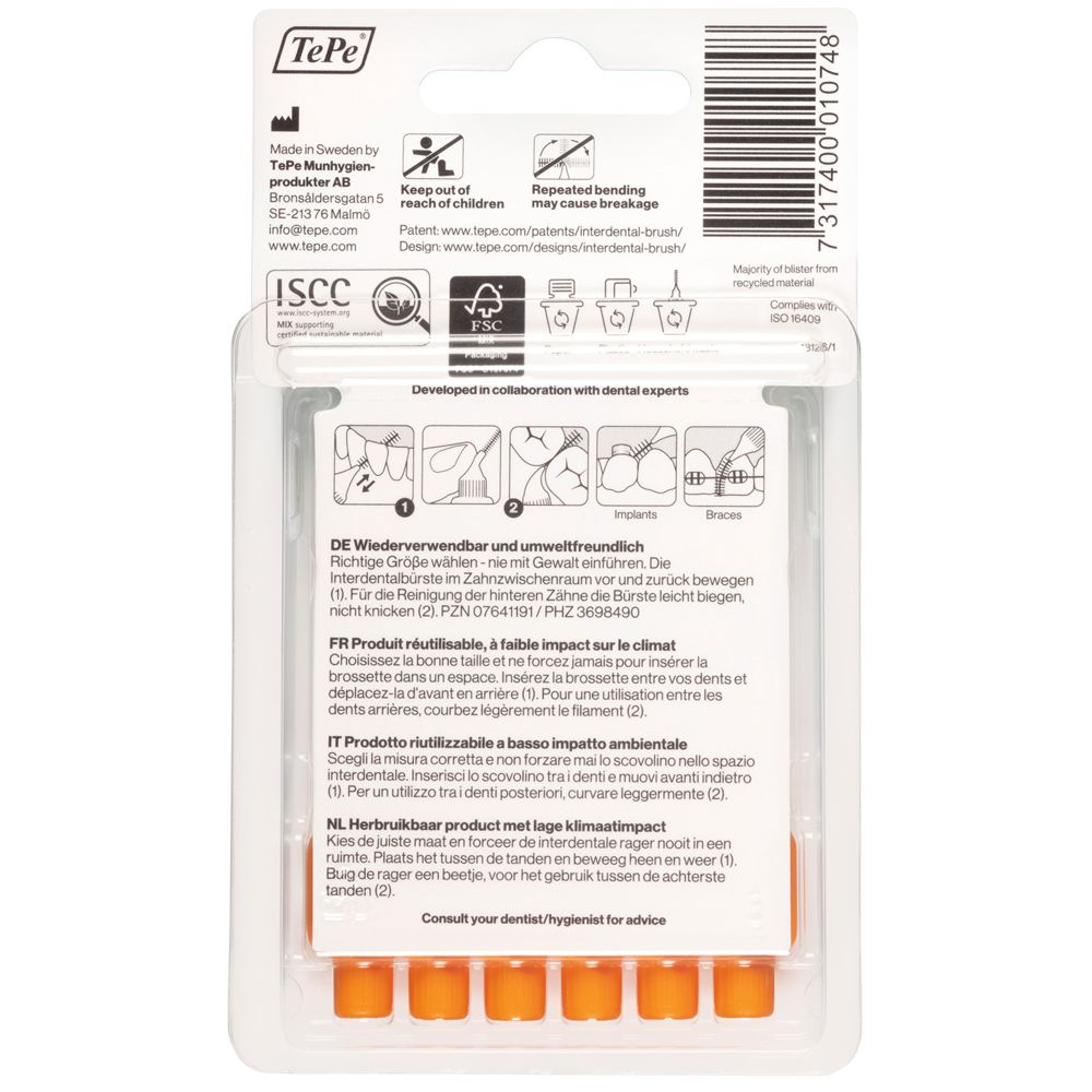 Rückseite der Verpackung mit Produktinformationen. Marke TePe. Text in Deutsch, Französisch, Italienisch und Niederländisch.