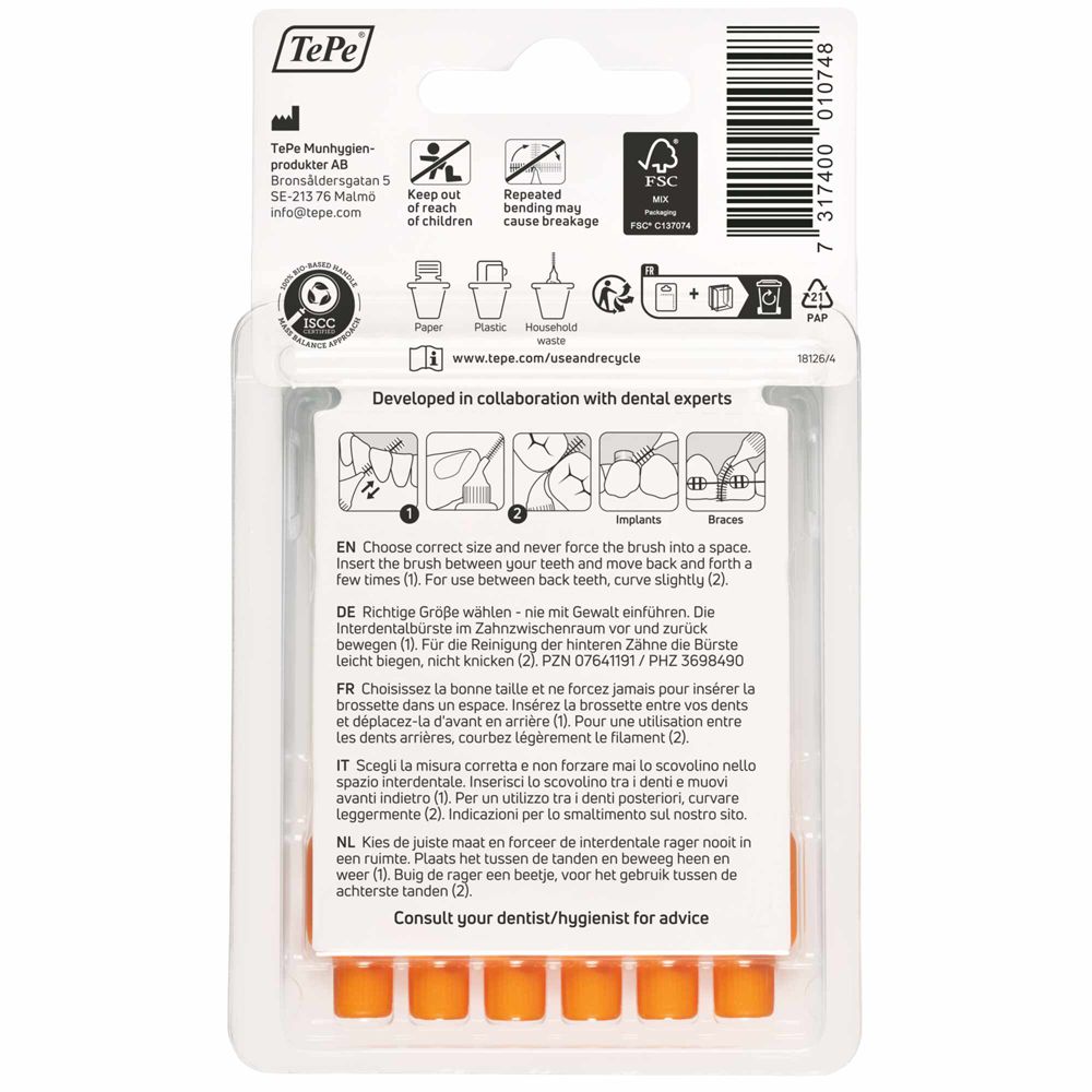 Verpackung mit 8 TePe Interdentalbürsten in Orange. Anleitung auf der Rückseite.
