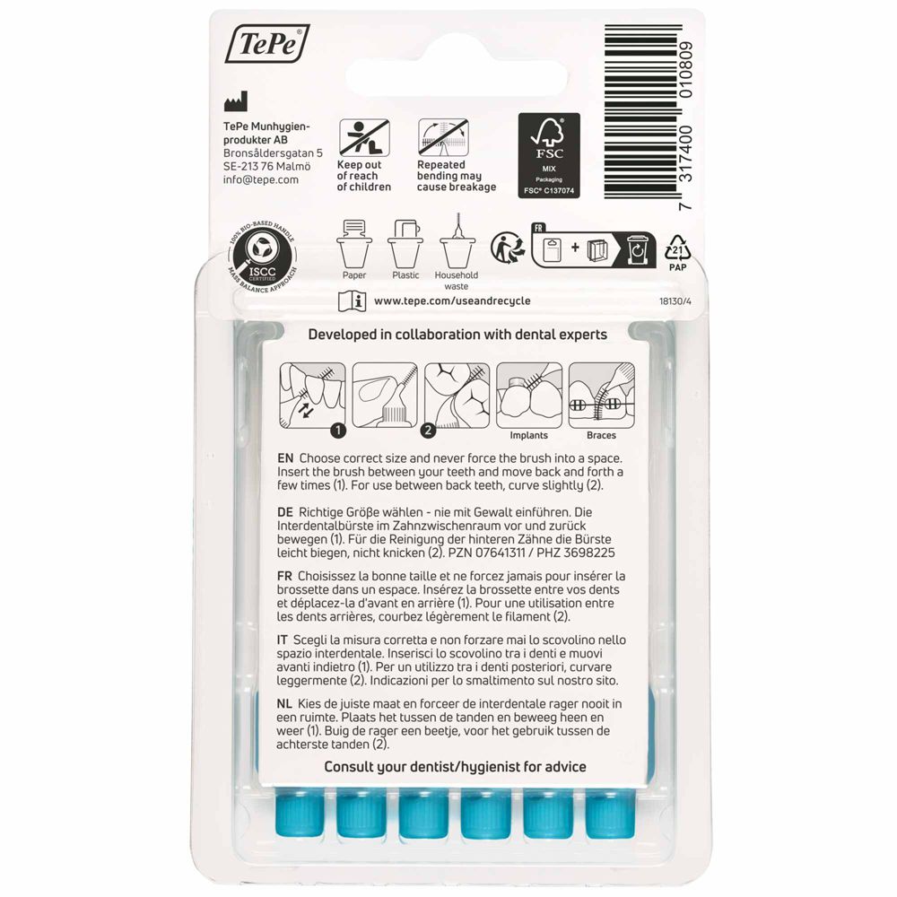 Verpackung TePe Interdentalbürsten, mit Anwendungshinweisen und Zertifizierungen.