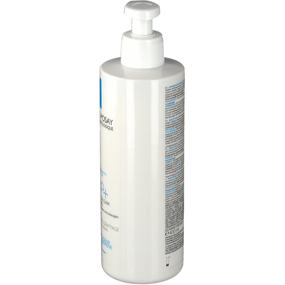 Weiße Flasche mit Dosierpumpe. Seitenansicht. Text und Informationen auf der Rückseite. Blaue Markierungen.