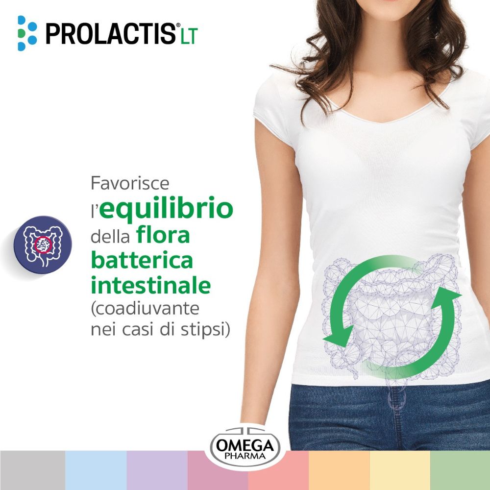 Graphique d'une femme avec illustration de l'intestin. Texte : Favorise l'équilibre de la flore intestinale. Omega Pharma.