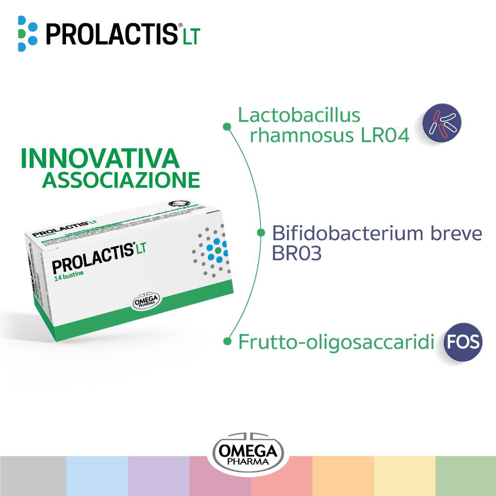 Boîte PROLACTIS® LT avec 14 sachets. Illustrations des ingrédients : Lactobacillus rhamnosus LR04, Bifidobacterium breve BR03.