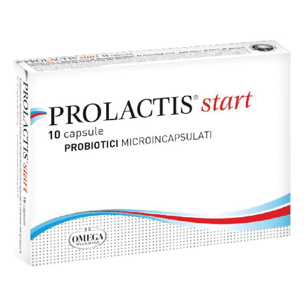 Boîte de gélules PROLACTIS start. Contient 10 gélules. Marque et logo Omega Pharma.