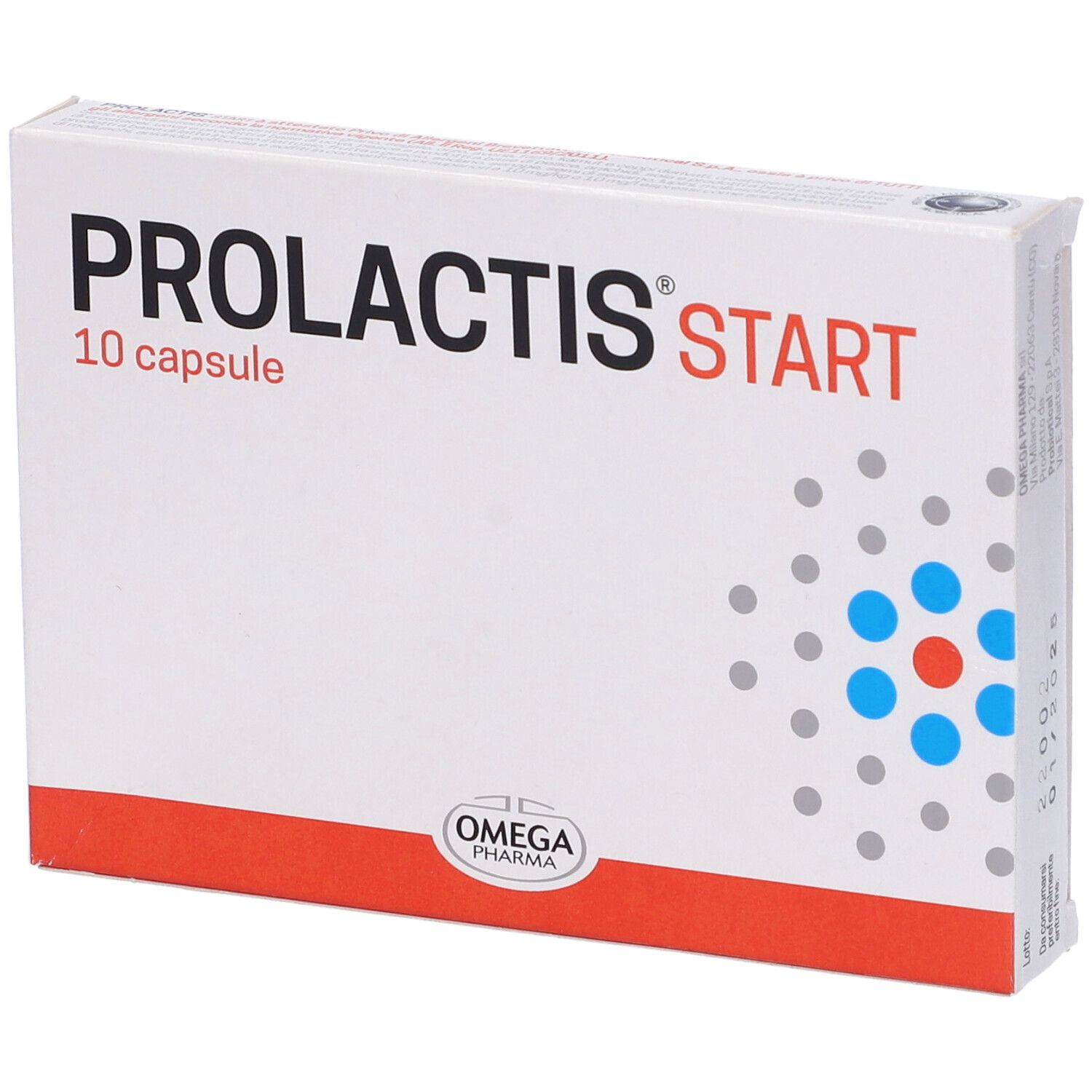 Boîte PROLACTIS start, 10 gélules. Design blanc, rouge et bleu. Logo Omega Pharma.