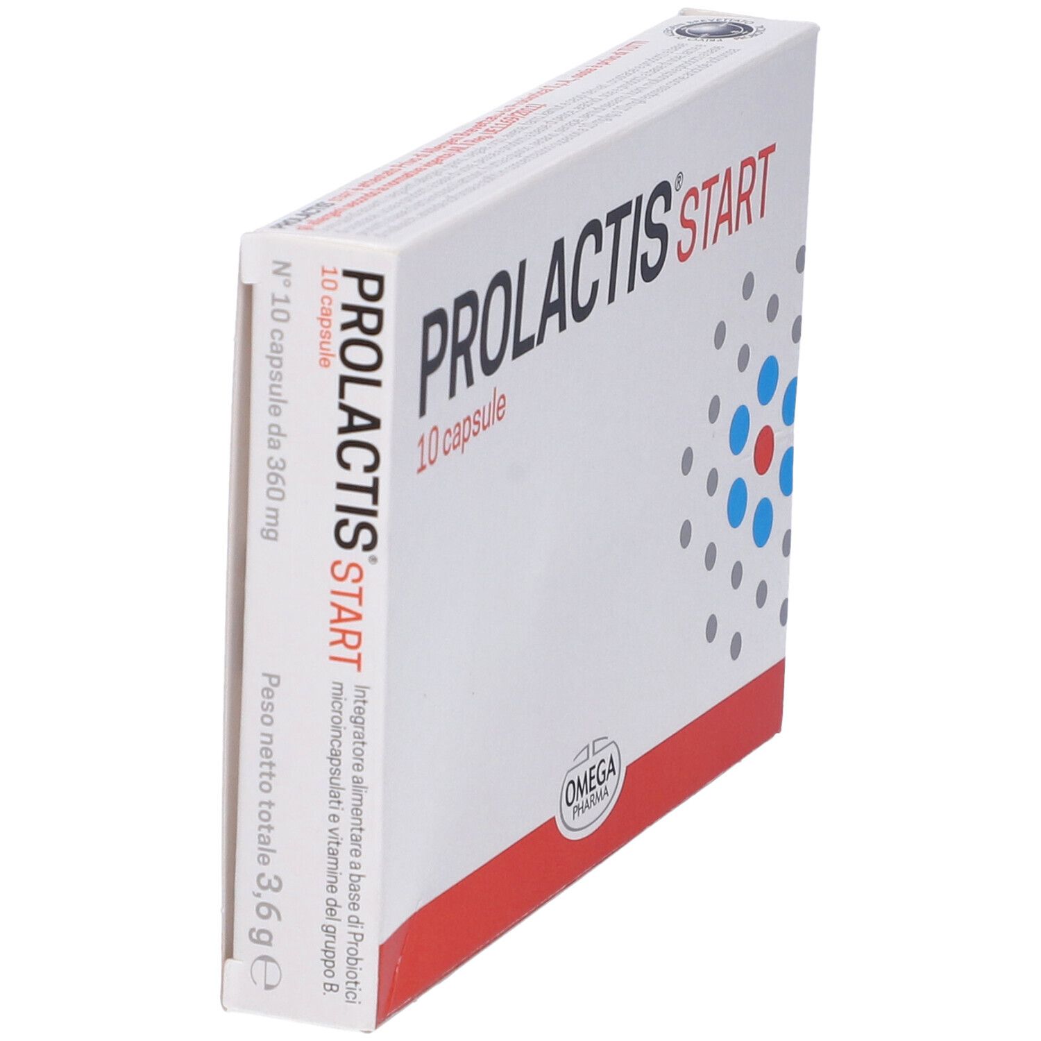 Vue latérale de la boîte PROLACTIS start. Contient 10 gélules. Logo Omega Pharma. Design rouge et bleu.