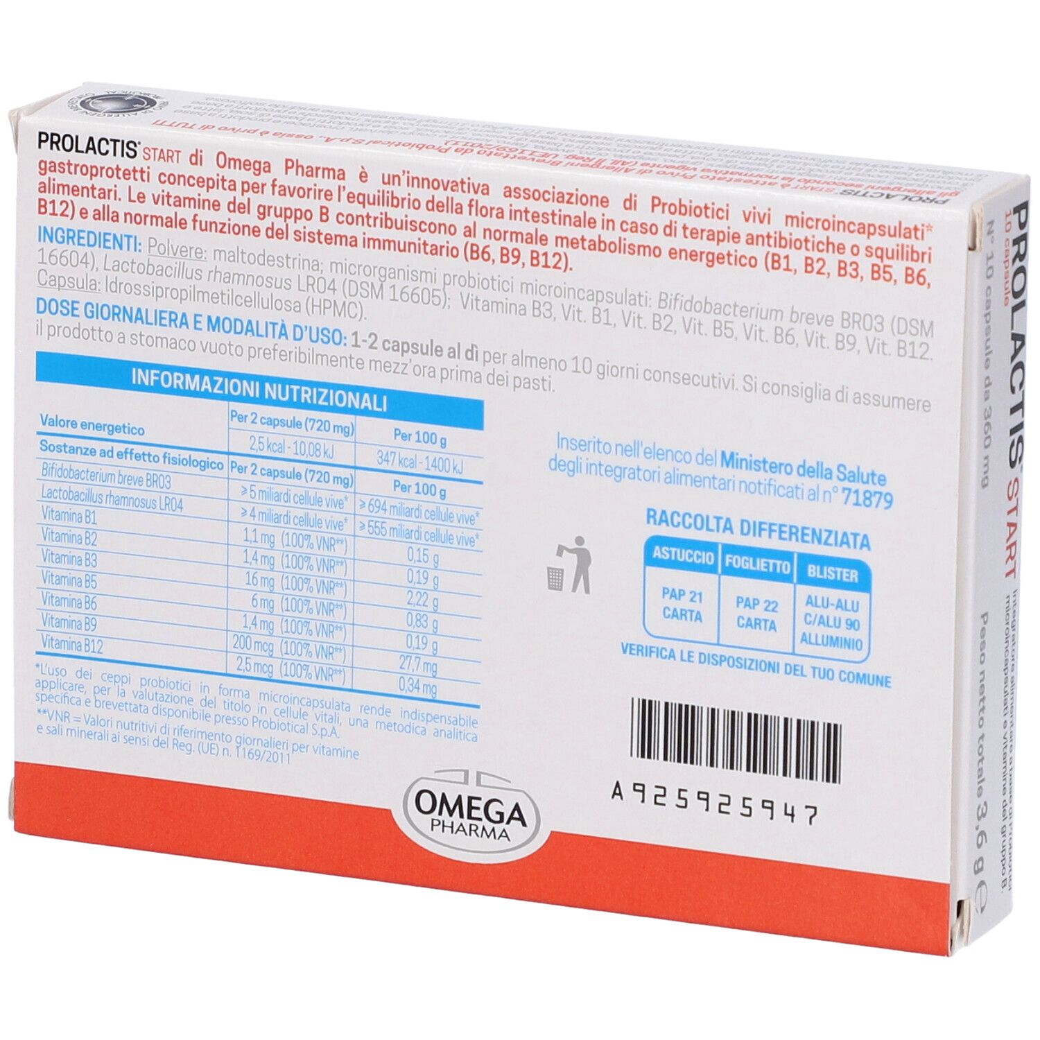 Dos de la boîte PROLACTIS start. Informations sur les ingrédients et la valeur nutritionnelle. Logo Omega Pharma.