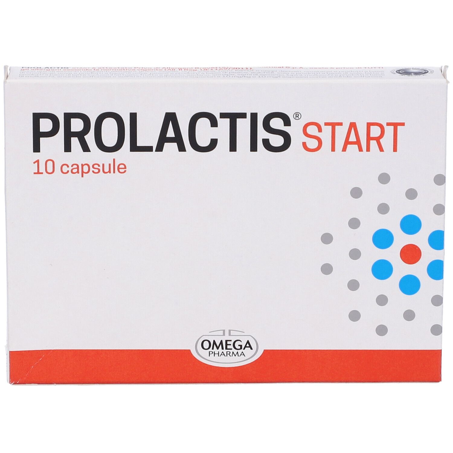 Boîte PROLACTIS start, 10 gélules. Design blanc, rouge et bleu. Logo Omega Pharma.