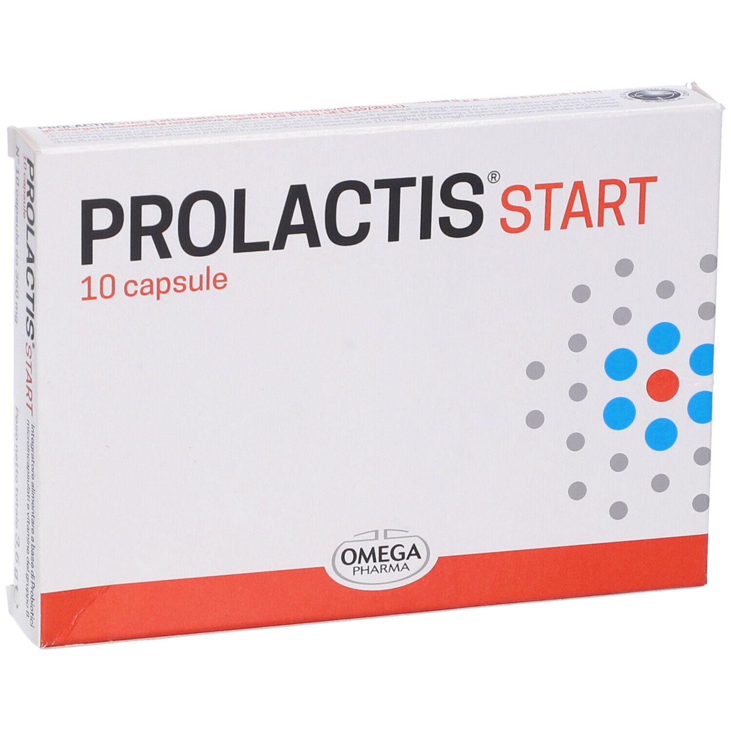Boîte PROLACTIS start, 10 gélules. Design blanc, rouge et bleu. Logo Omega Pharma.