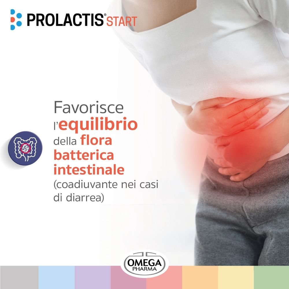 Personne se tient le ventre. Texte: Favorise l'équilibre de la flore intestinale. Logo Omega Pharma. Logo PROLACTIS START.