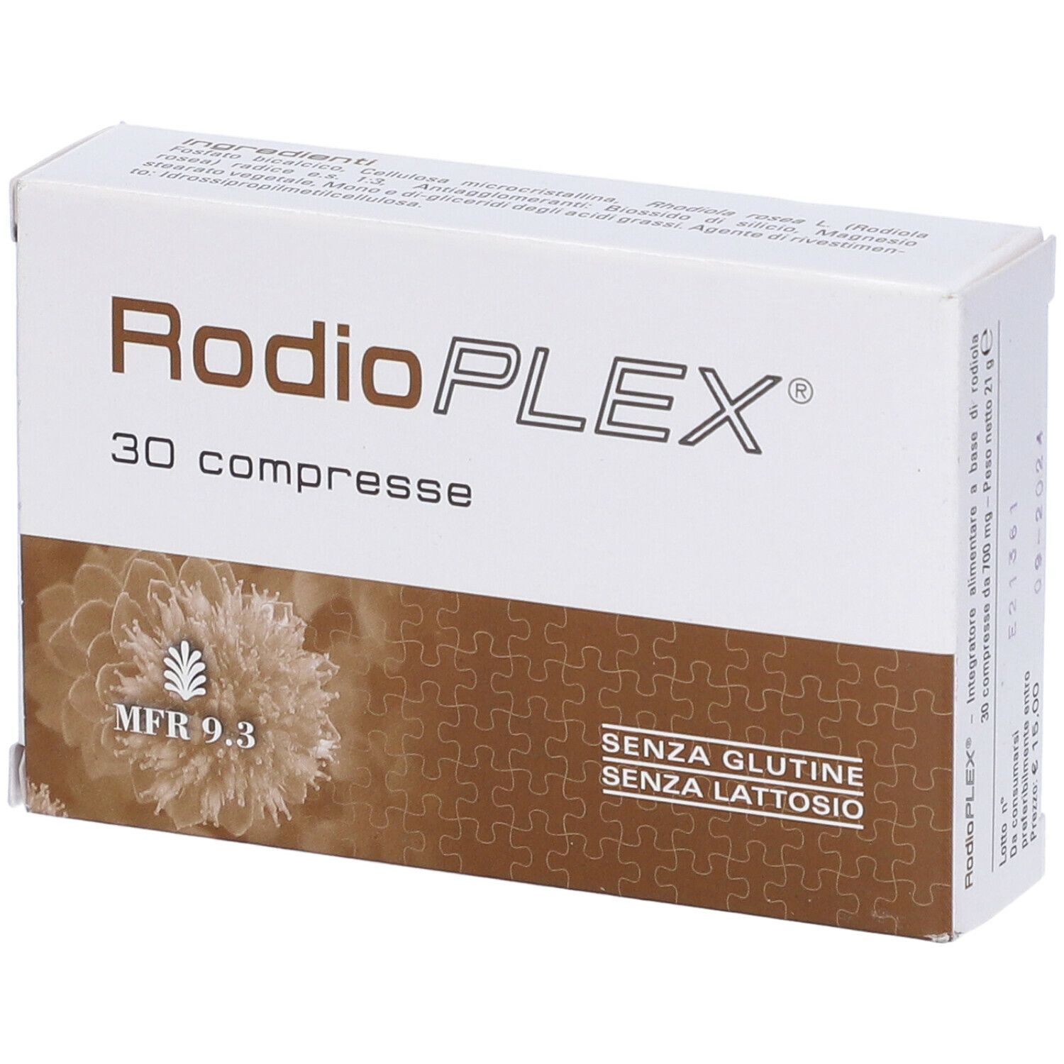 Weiße Schachtel mit "RodioPLEX" und "30 compresse". Aufdrucke: "SENZA GLUTINE", "SENZA LATTOSIO".