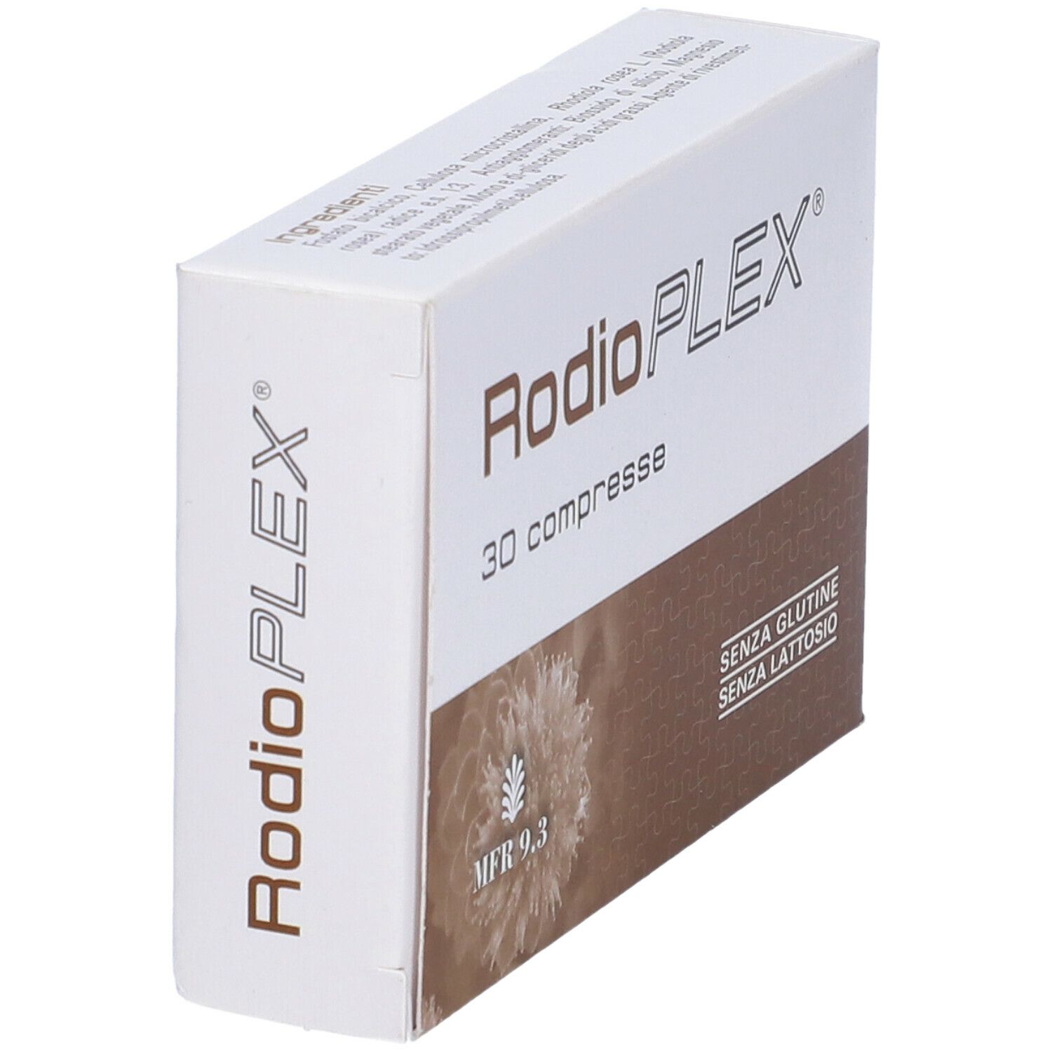 Weiße Schachtel mit "RodioPLEX" und "30 compresse". Aufdrucke: "SENZA GLUTINE", "SENZA LATTOSIO".
