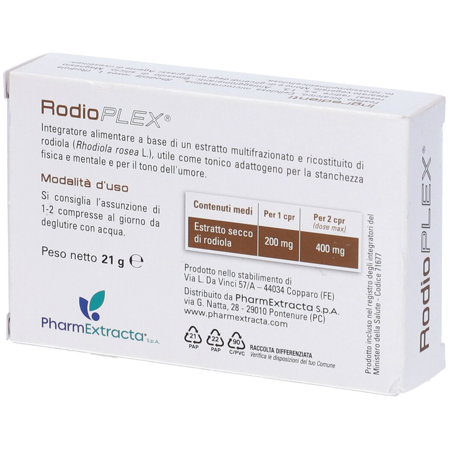 Weiße Schachtel mit "RodioPLEX" und "30 compresse". Rückseite mit Text und Inhaltsangaben.