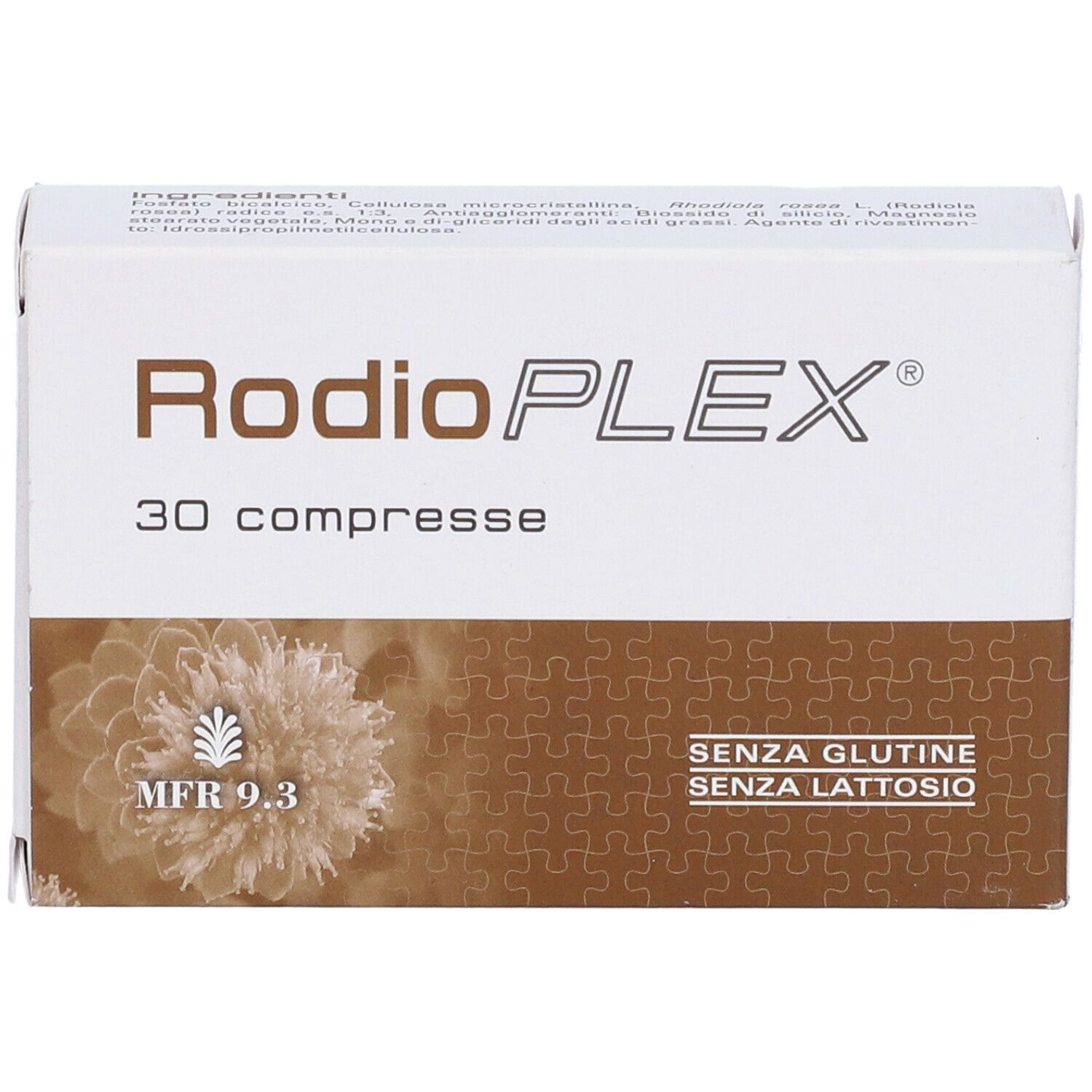 Weiße Schachtel mit "RodioPLEX" und "30 compresse". Aufdrucke: "SENZA GLUTINE", "SENZA LATTOSIO".