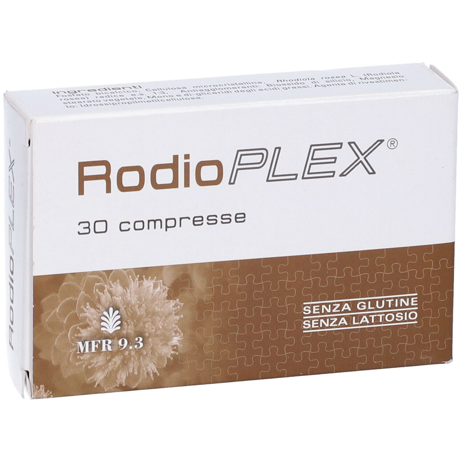 Weiße Schachtel mit "RodioPLEX" und "30 compresse". Aufdrucke: "SENZA GLUTINE", "SENZA LATTOSIO".