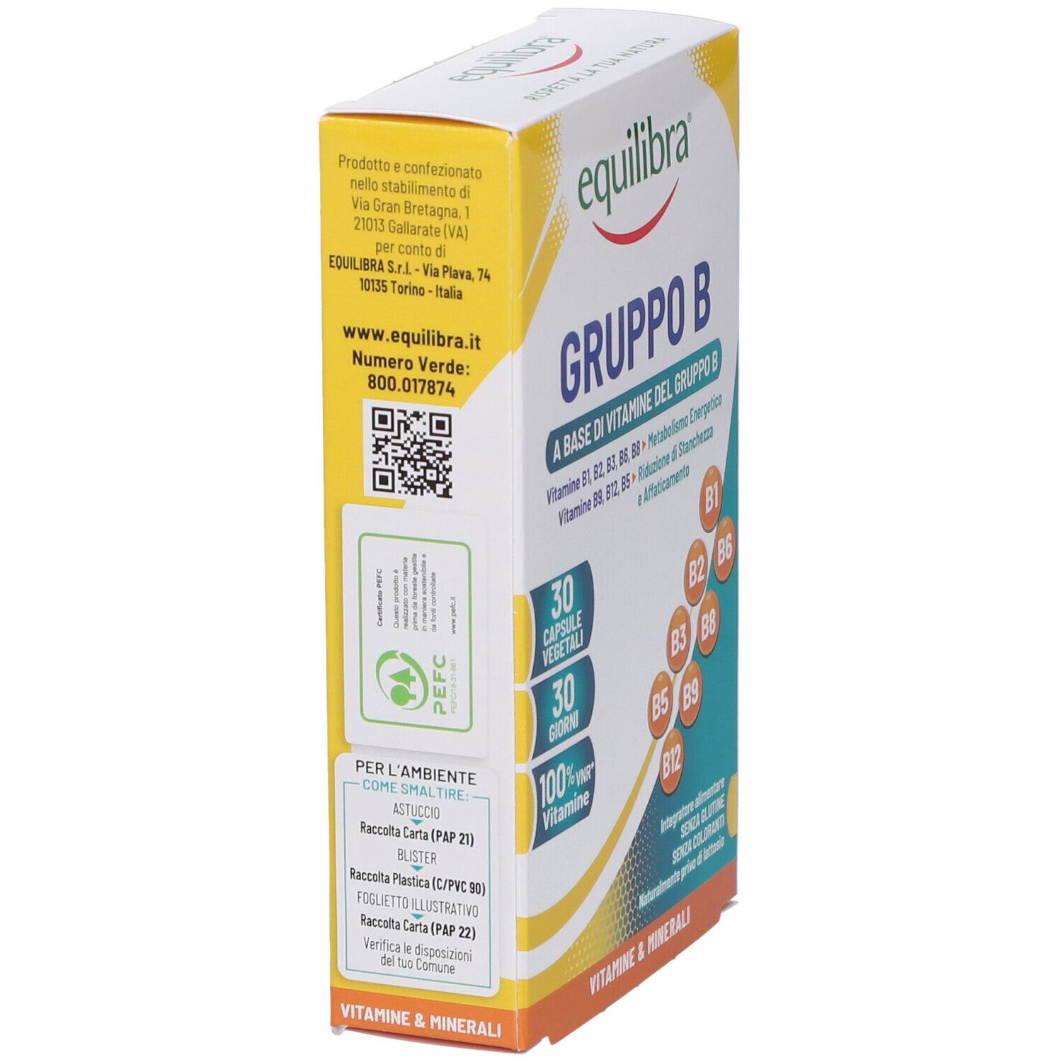 Vue latérale de la boîte Equilibra® Gruppo B. Design jaune et blanc. Contient des informations sur les ingrédients et le fabricant.