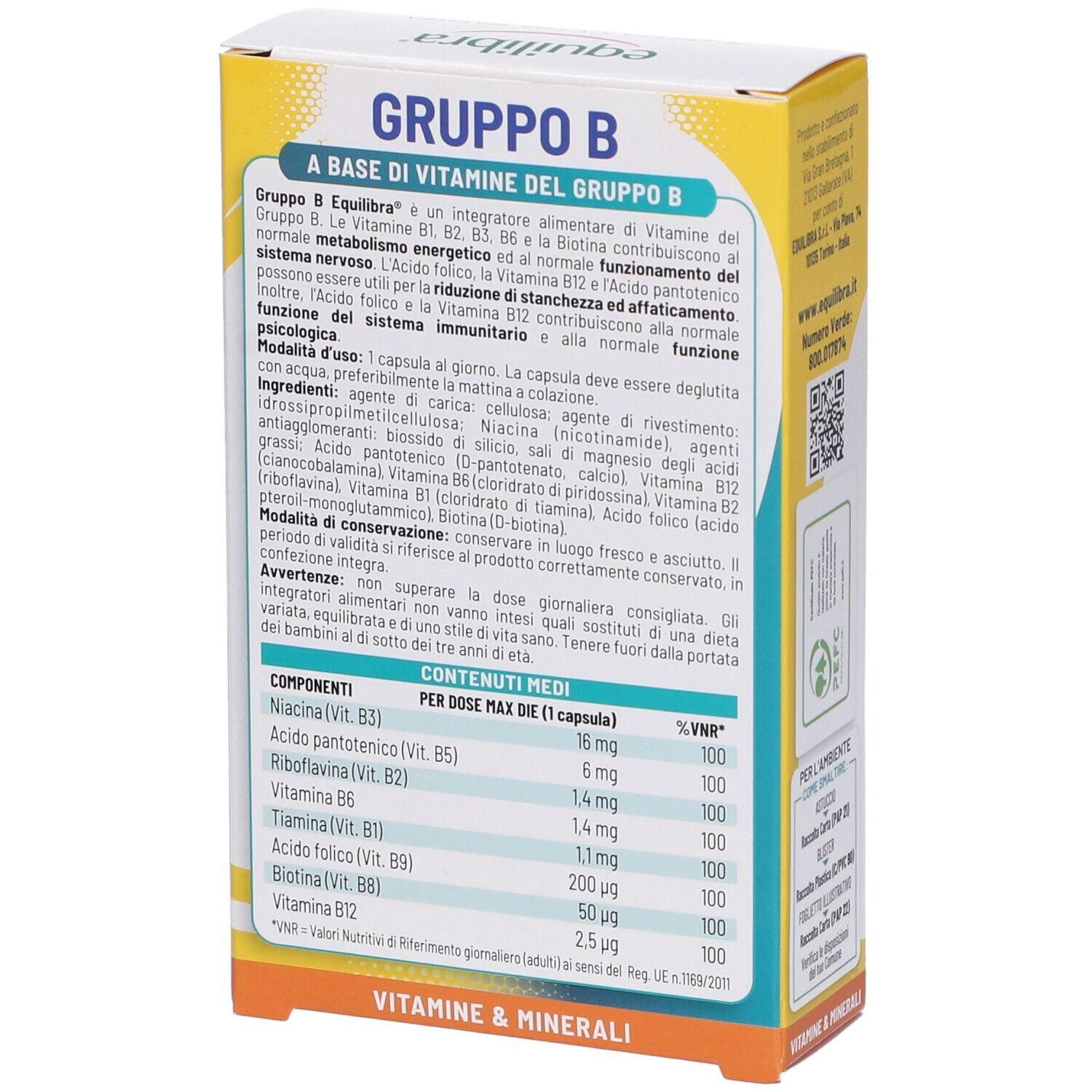 Dos de la boîte Equilibra® Gruppo B. Contient des informations sur les ingrédients et les valeurs nutritionnelles. Design jaune et blanc.