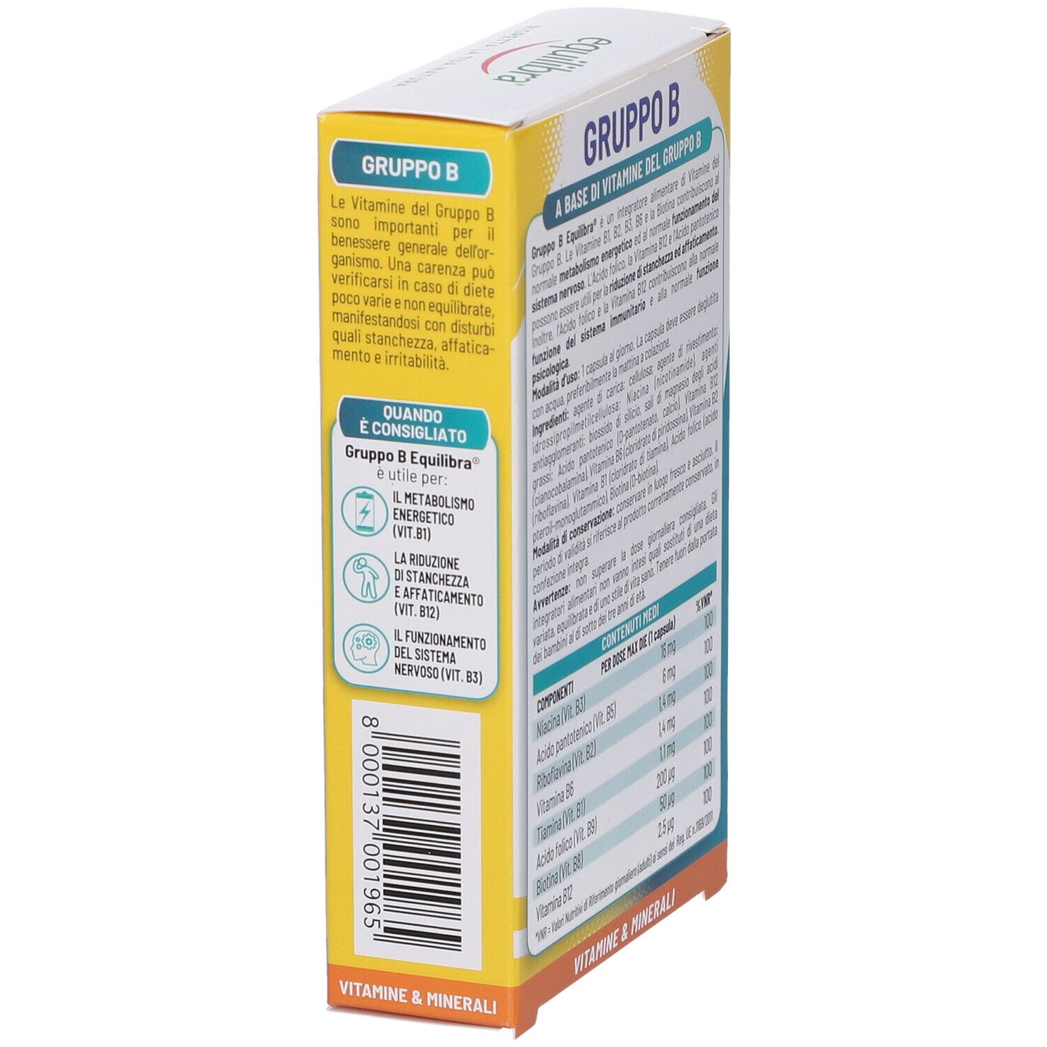 Vue latérale de la boîte Equilibra® Gruppo B. Contient des informations sur l'utilisation et les ingrédients. Design jaune et blanc.